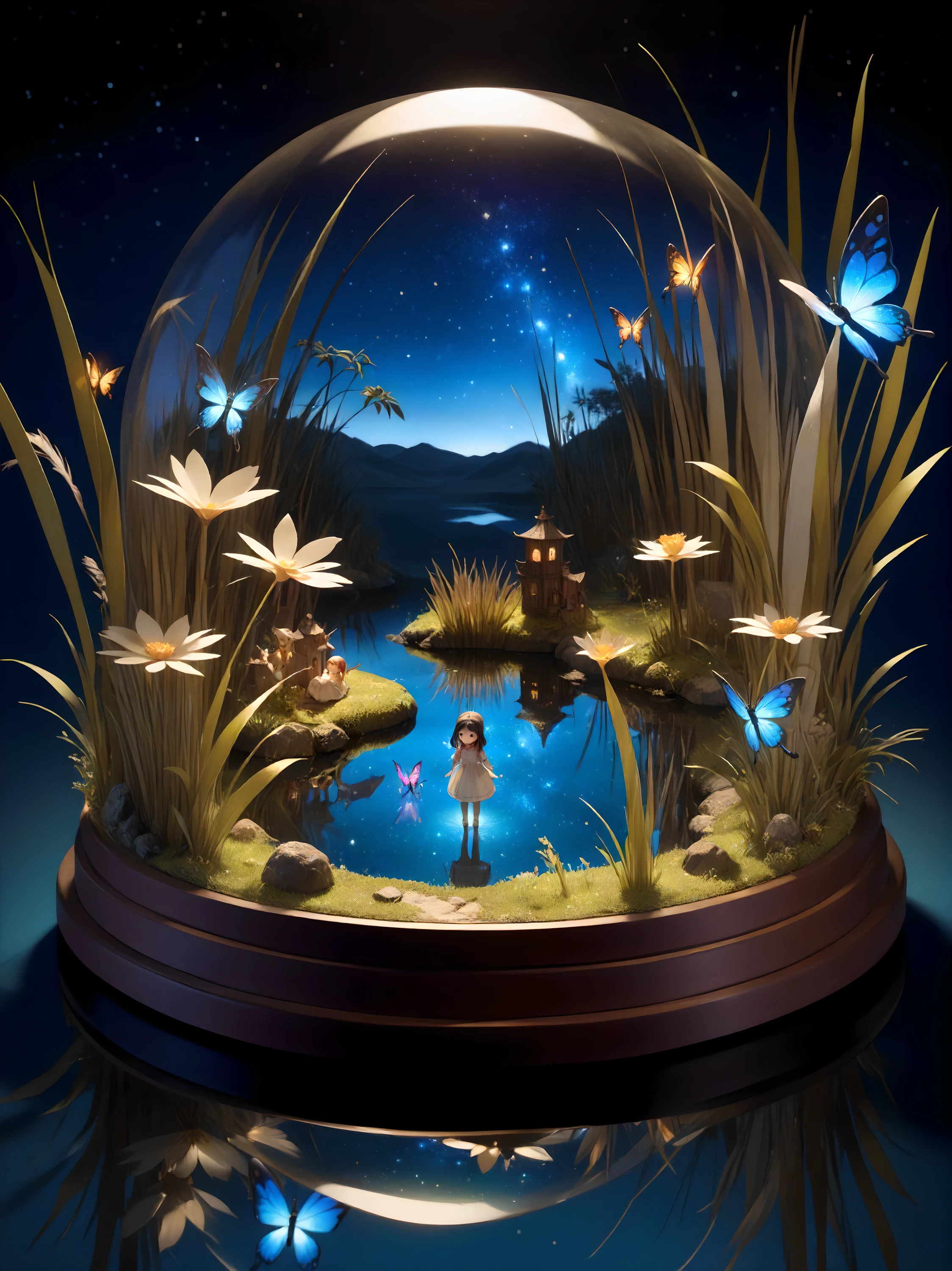 Masterpiece, craftsmanship, three-dimensional, cute, doll-like, miniature world, fantastic, diorama, content, serene composition, still water reflecting the starry sky, glowing butterflies flitting above, small mysterious creatures peeking from the reeds, magical aura