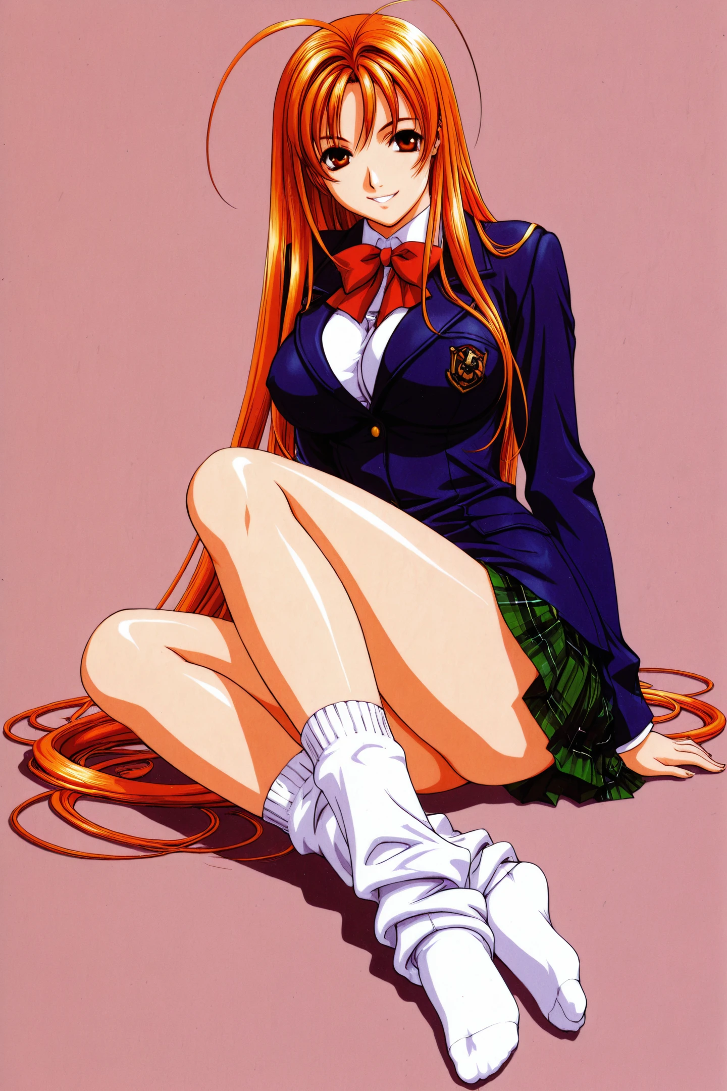 Aya Natsume,1girl,solo,long hair,loose socks,socks,very long hair,breasts,school uniform,skirt,plaid skirt,plaid,sitting,orange hair,large breasts,blazer,feet,jacket,legs,brown eyes,orange eyes,pleated skirt,smile,
<lora:Ogure Ito_illustriousXL:0.9>,