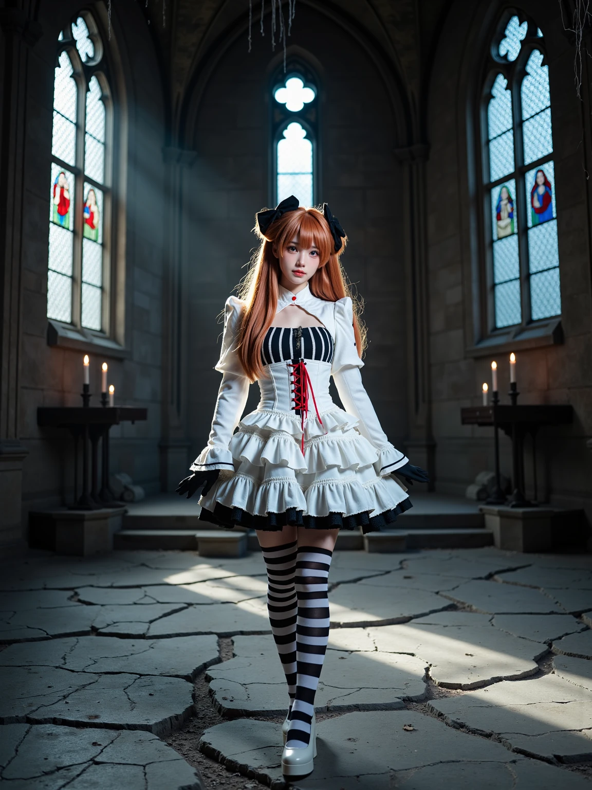 A realistic photo of a beautiful woman in cyb-asuka cosplay costume, include white dress with cross-laced corset. she is also wearing black gloves and striped thighhighs and white high heels. She has long orange hair with hair ornament. The background is a dimly lit, abandoned cathedral with towering stained-glass windows casting eerie, multicolored shadows on the cracked stone floor. The air is thick with dust and the faint smell of decay. Cobwebs hang from the vaulted ceiling, and flickering candles placed sporadically throughout the space provide the only light, creating a haunting interplay of light and shadow. The atmosphere is one of solemnity and ancient mystery, perfect for a gothic character to stand out against the backdrop of religious iconography and crumbling architecture.