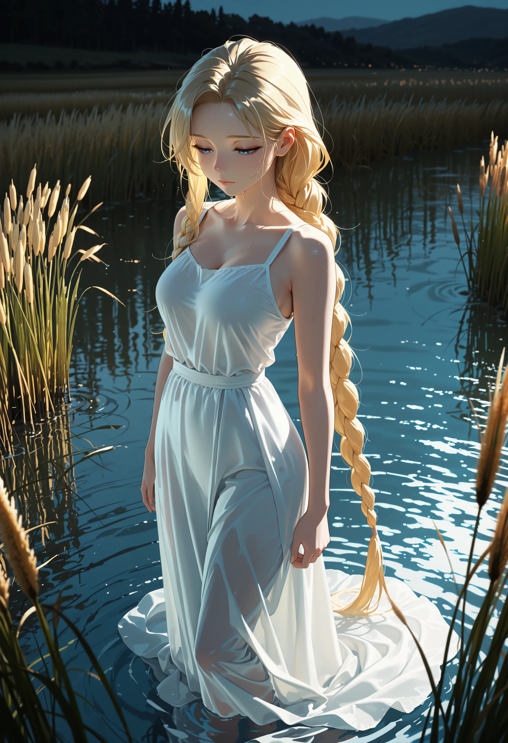 white blonde hair、bare、a lot、 Shiny skin、 white skin、 smile、 Beautiful bangs、 long and straight、 shiny hair、 Extra long, straight hair、 eyeliner、 small face、 Big, firm breasts、 Eyes as blue as crystal clear sea water.、 Shining beautifully、 earring, pendant, Hats and bracelets hang from ears.、Beautiful and smart girl、 Play in the water at the outdoor beach and take full-length photos.