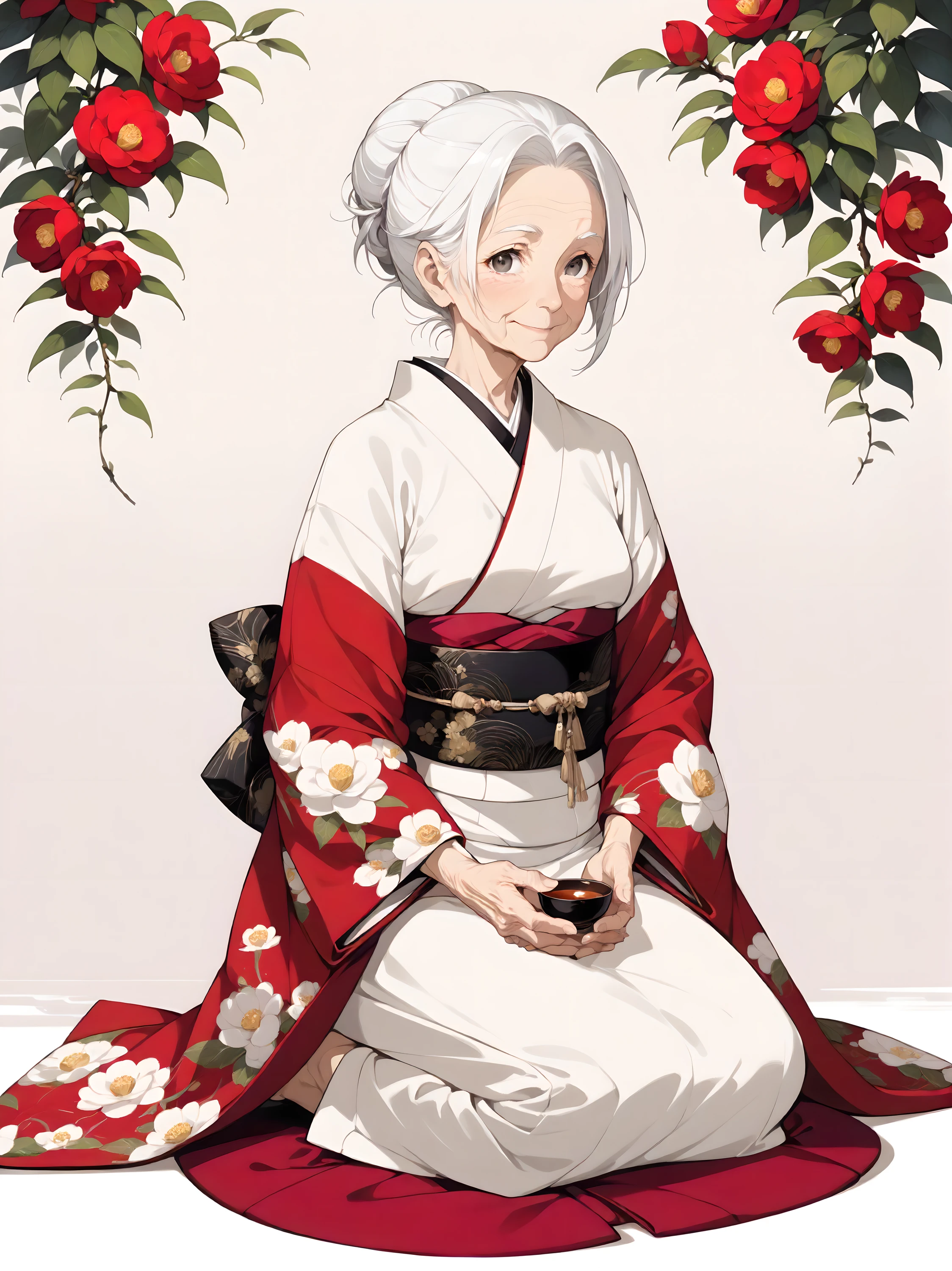 Best quality, Masterpieces, simple background with a minimalist design, lots of negative space, delicate anime-style illustration, white background, solo, (old woman), (aged up), (slender), (wrinkled skin), (gentle nature), black eyes, white hair, medium hair, hair bun, kimono, seiza, smile politely, A stunning tomesode type kimono. showcasing a profusion of radiant camellias set against a backdrop of rich burgundy silk. The obi is adorned with exquisite hand-embroidered motifs., Inside an old-fashioned Japanese-style teahouse, various types of tea leaves are sold in bottles.