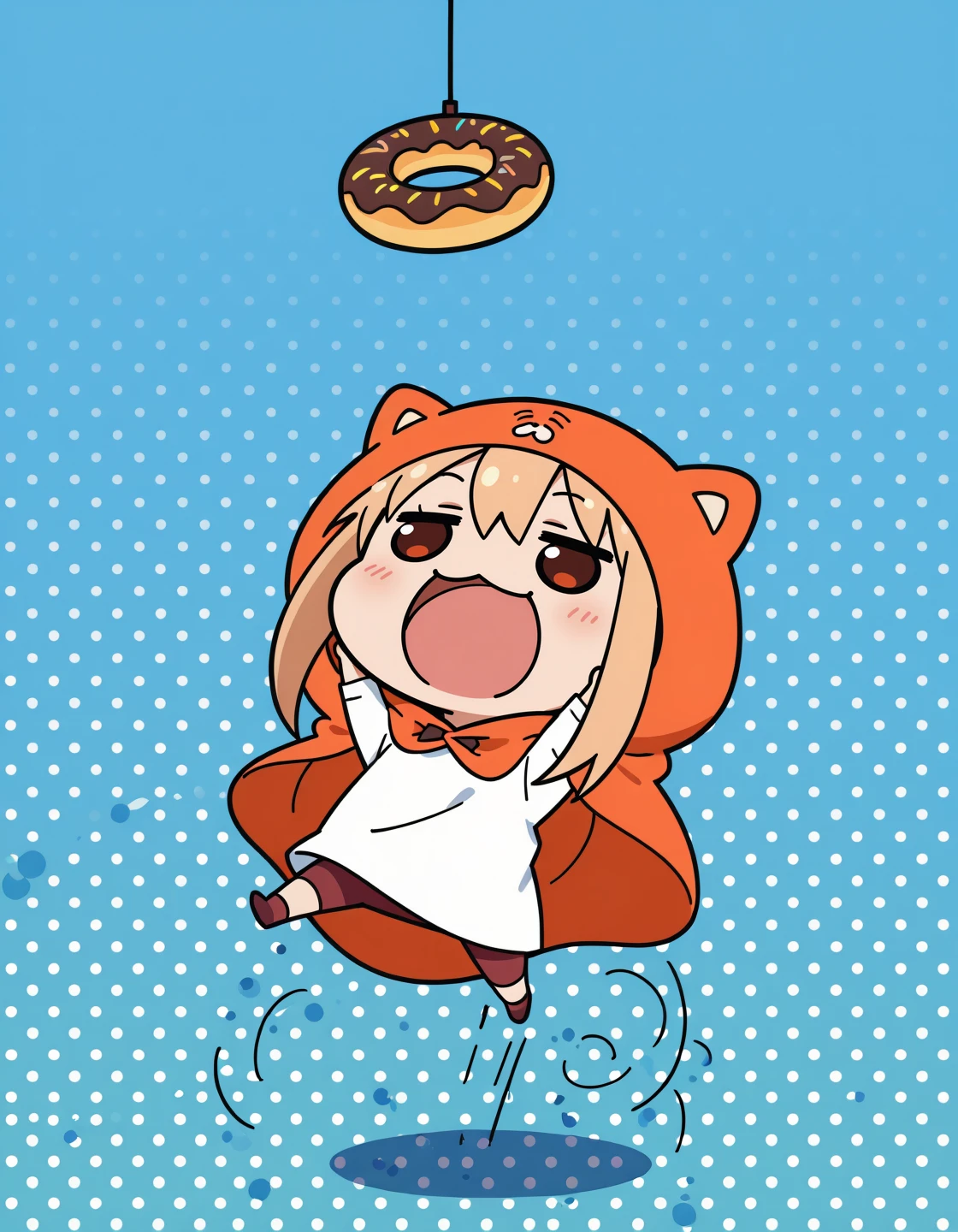 masterpiece, best quality, aesthetic, absurdres, masterpiece, (high quality), (high resolution), (incredibly detailed), (flat colors), gradient,
blue background, polka dot background, (flying donuts), (chibi:1.2), 1girl, (solo), full body, jitome, jumping, big mouth, open mouth, happy, doma umaru, cat ears,