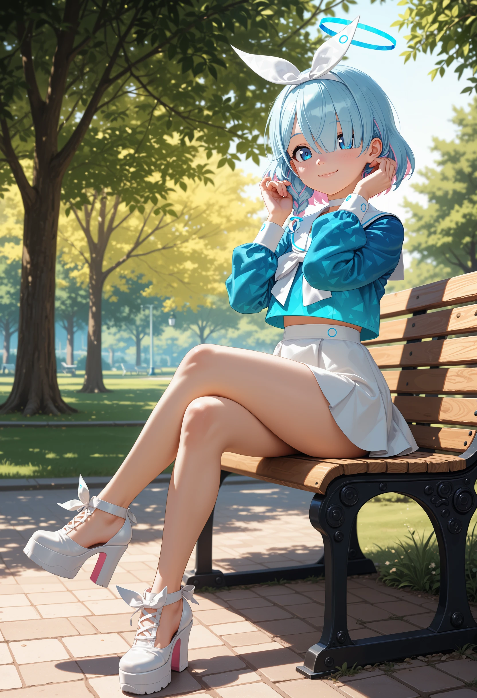 masterpiece, best quality, aesthetic, absurdres, masterpiece, (high quality), (high resolution), (incredibly detailed), detailed scenery, natural light, cinematic, volumetric lighting, depth of field,
1girl, arona \(blue archive\), outdoors, park, sitting, adjusting hair, smiling, thick platform high heels, crossed legs, sitting, mini skirt, feet, looking at viewer