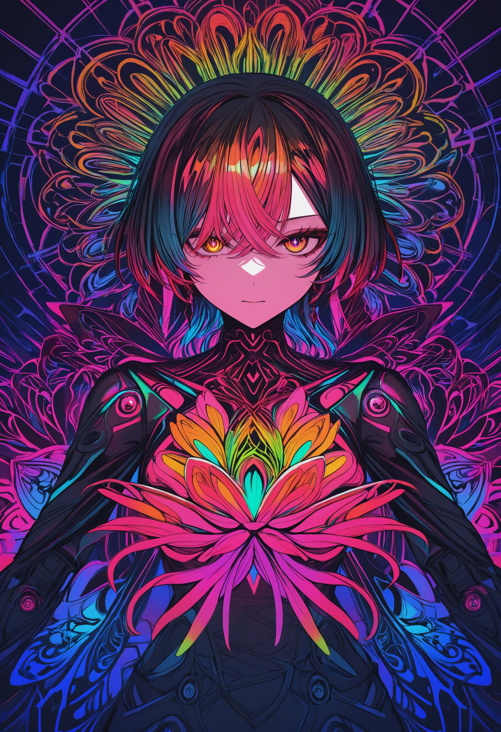 masterpiece, best quality, newest, absurdres, highres,
asymmetrical and off-center. Intricate colorful neon rainbow neon fluorescent colors and vanta black. Orange, yellow, green, pink, red, blue, purple. Black light poster. masterpiece, centered, a drawing of a Ram with flowers in his hair, an anime drawing, featured on pixiv, gothic art, neon blacklight color scheme, multicolored art, shiny colors, beautiful female android, blue image, antialiased, living flora, colorful! character designEngine, Trending on ArtStation, HDR, 3D Masterpiece, Perfect Composition Epic cinematic brilliant stunning intricate meticulously detailed dramatic atmospheric darkness, intricately stylized vector design, line work, flourishes, patterns