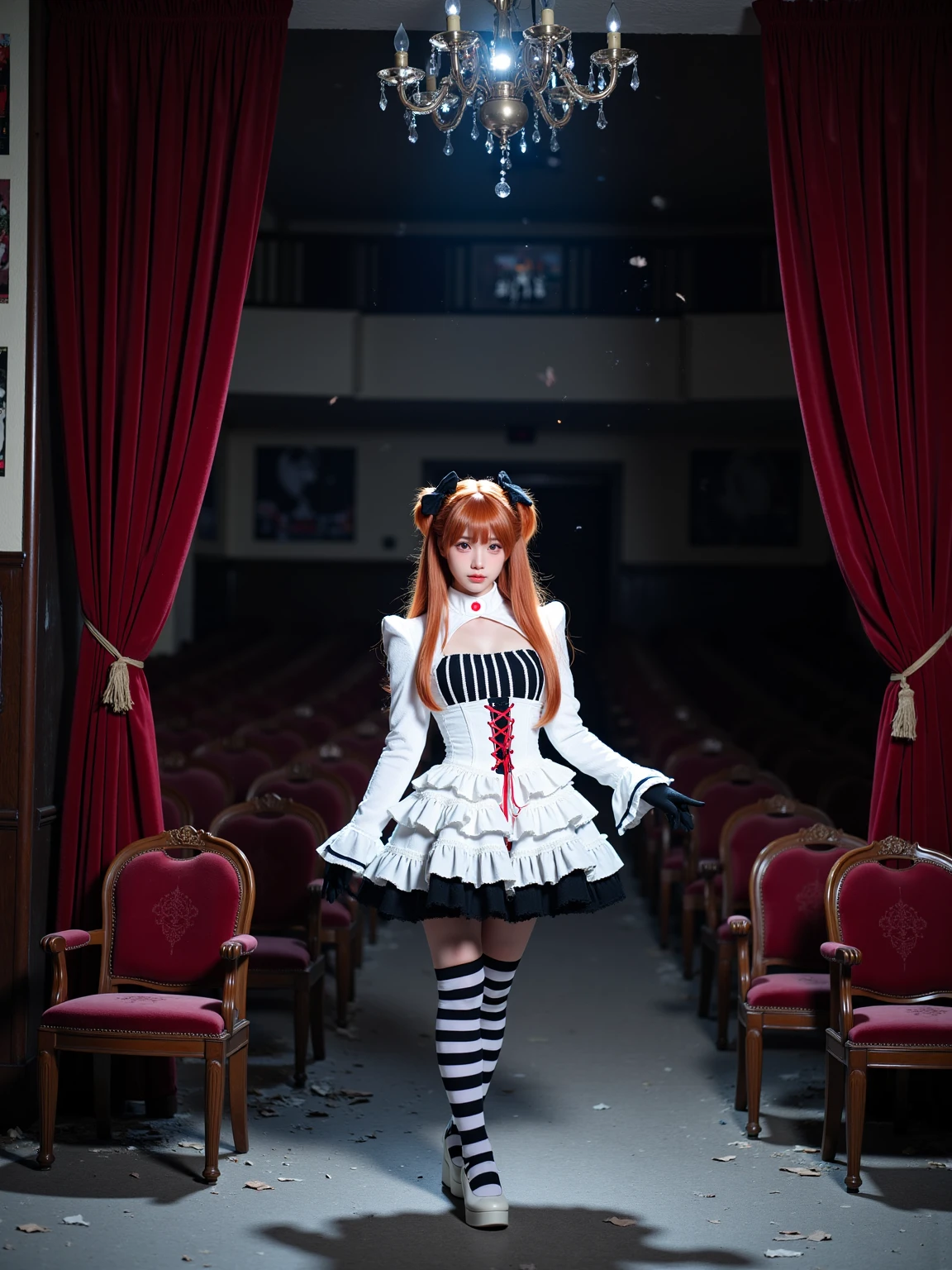 A realistic photo of a beautiful woman  in cyb-asuka cosplay costume, include white dress with cross-laced corset. she is also wearing black gloves and striped thighhighs and white high heels. She has long orange hair with hair ornament. The background is a dark, abandoned theater with velvet curtains draped in disarray and dust-covered seats. The stage is lit by a single spotlight hanging from the ceiling, casting a dramatic beam of light that highlights particles floating in the air. The walls are adorned with faded posters of past performances, and the once-grand chandelier hangs precariously, some of its crystals missing. This setting evokes a sense of lost grandeur and theatrical drama, perfect for a gothic character to make a striking entrance or pose with a sense of tragic elegance.