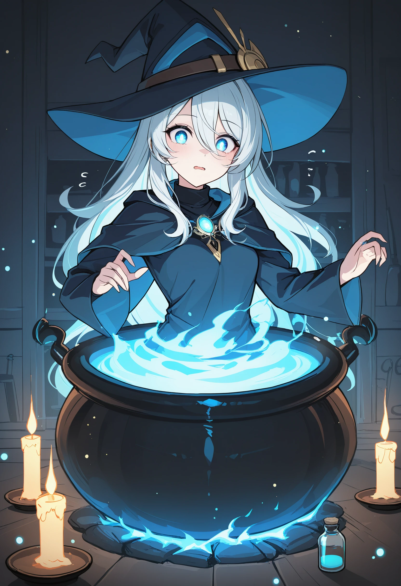 masterpiece, best quality, newest, absurdres, highres,
1girl, mage apprentice, magic cauldron, glowing steam, cluttered potion lab, cute expression, fireflies, warm candlelight, whimsical feel