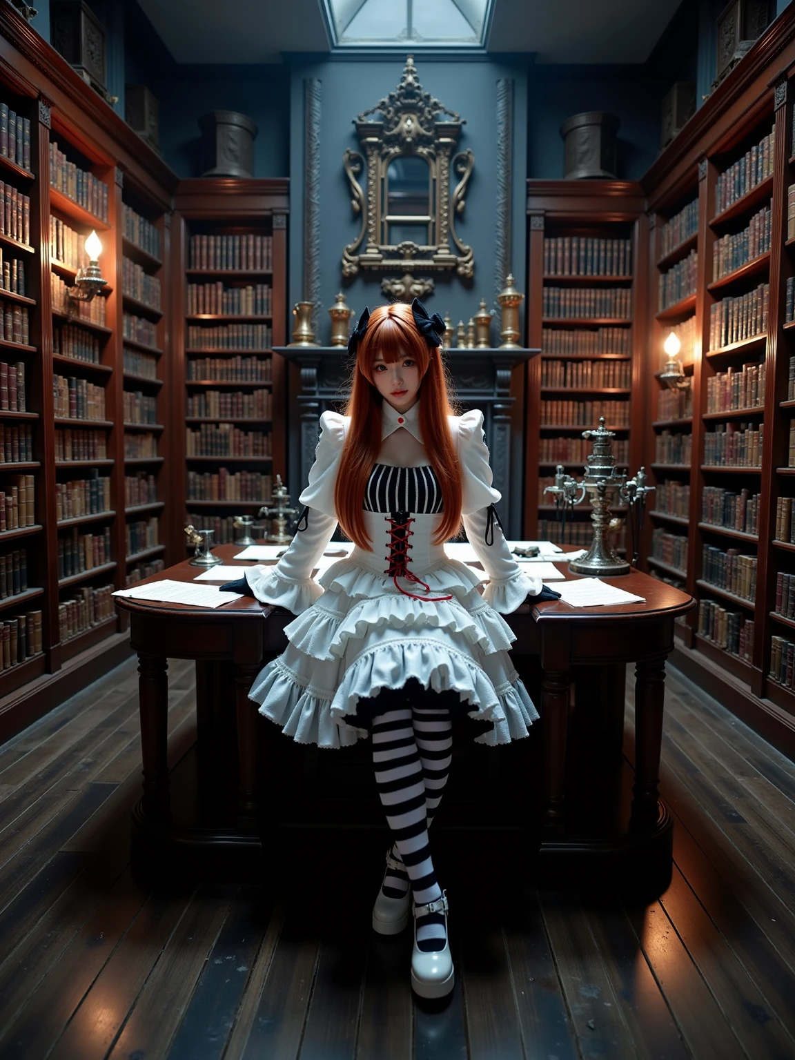 A realistic photo of a beautiful woman in cyb-asuka cosplay costume, include white dress with cross-laced corset. she is also wearing black gloves and striped thighhighs and white high heels. She has long orange hair with hair ornament. The background is a dimly lit, Victorian-era library with floor-to-ceiling bookshelves filled with ancient tomes and dusty manuscripts. The room is illuminated by the soft glow of a fireplace and several oil lamps, casting long shadows across the walls. A grand, old-fashioned desk sits in the center, covered in papers, quills, and inkwells. The atmosphere is one of intellectual mystery and antiquity, offering a sophisticated backdrop for a gothic character who might be engaged in forbidden research or contemplation.