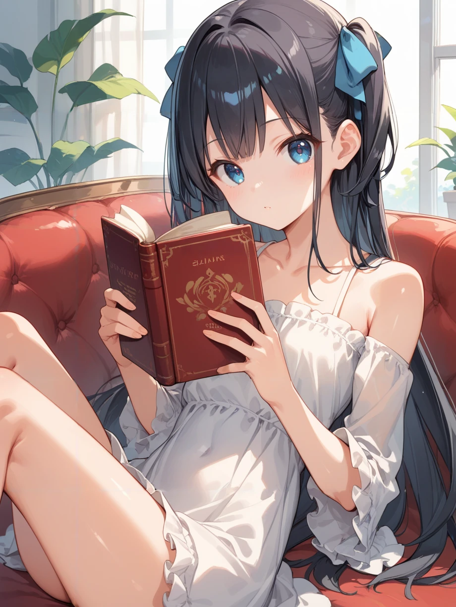 score_9, score_8_up, score_7_up,source_anime, high res image,vivid,masterpiece,best quality,cute girl,cute face,kawaii,clear skin,shiny hair,beautiful eyes,eyelashes,real skin, (petite girl,slender, slim,flat chest:1.1),tareme,(very long hair:1.2),black hair,straight hair,twoside up,hair ribbon,black-blue eyes,bangs <lora:reading book_pony_V1.0:0.7> holding book, reading,sitting on sofa,dress