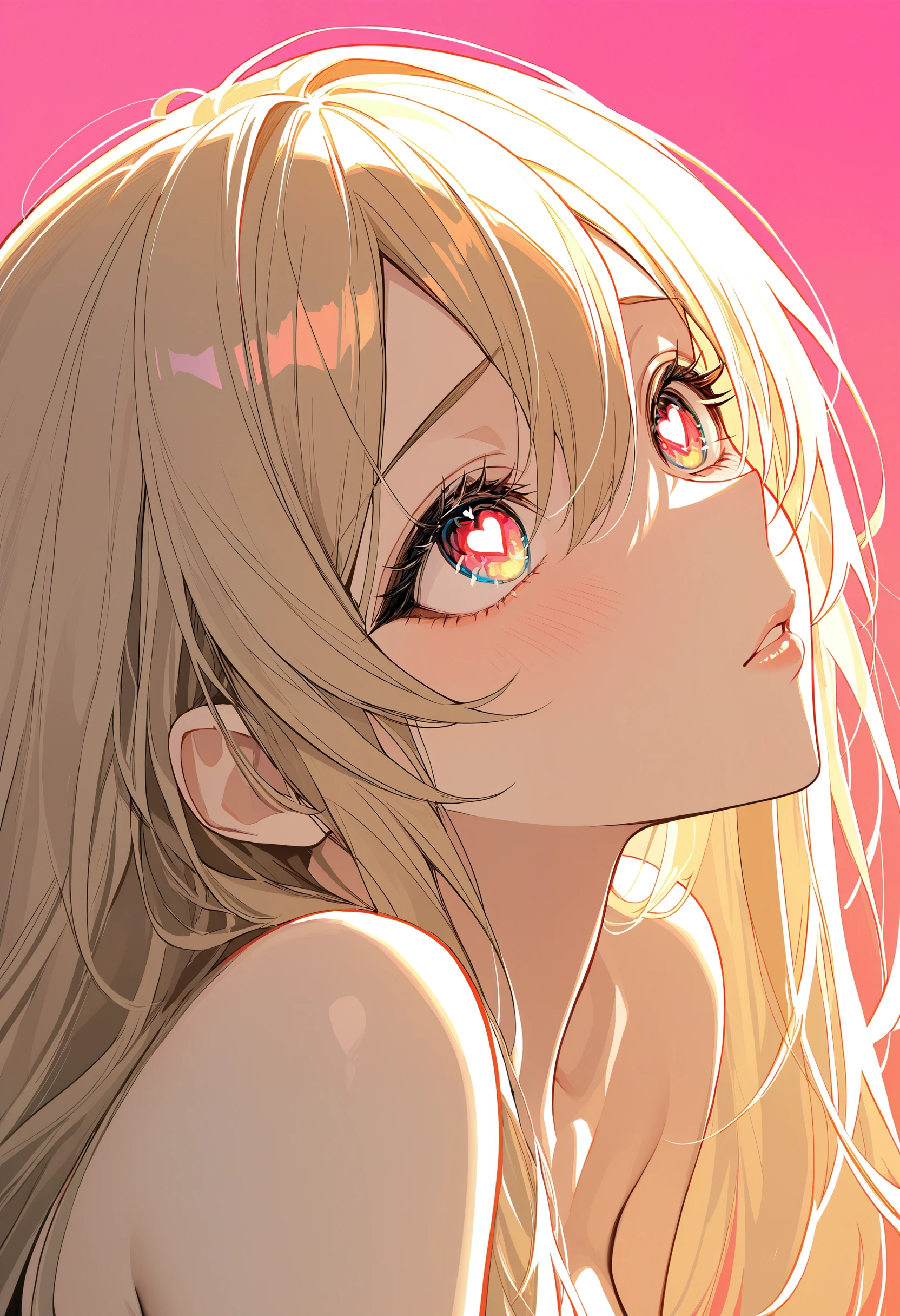 masterpiece, best quality, newest, absurdres, highres,
1girl, looking up, heart eyes, glossy lips, light breeze, warm light across face, shy, color splash background