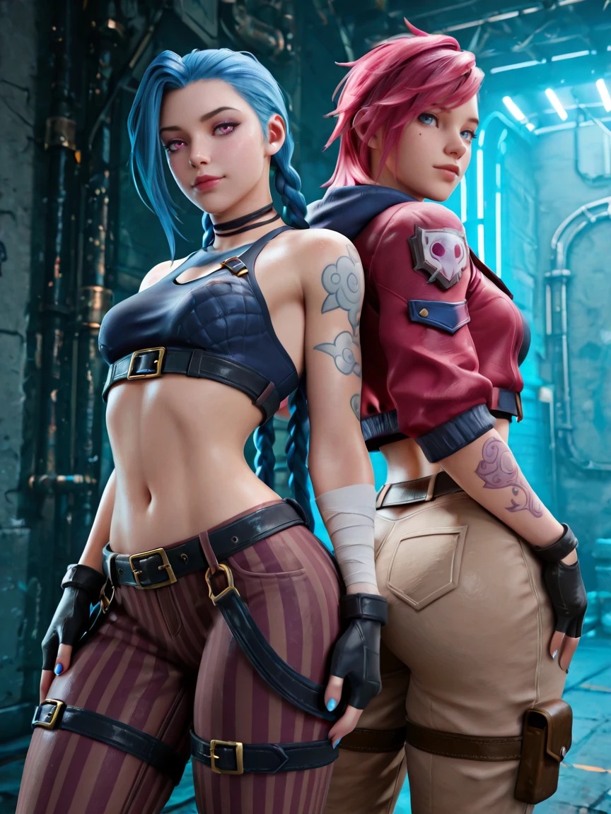 masterpiece, best quality, incredibly absurdres, absurdres, highres, intricate, highly detailed, detailed background, detailed face, detailed eyes,
volumetric lighting, dramatic lighting, dramatic shadows,
multiple girls, jinx (league of legends), 2girls, braid, navel, vi (league of legends), long hair, sisters, pants, tattoo, short hair, gloves, fingerless gloves, red lips, red hair, crop top, red jacket, bangs, twin braids, striped pants, smile, looking at viewer, breasts, siblings, blue hair, very long hair, bare shoulders, stomach, brown pants, small breasts, bandages, striped, asymmetrical bangs, freckles, arm tattoo, bandaged arm, piercing, jacket, back-to-back, pink hair, belt, hood, shoulder tattoo, closed mouth, jewelry, shirt, blue eyes, nail polish, parted lips, short sleeves, blue nails