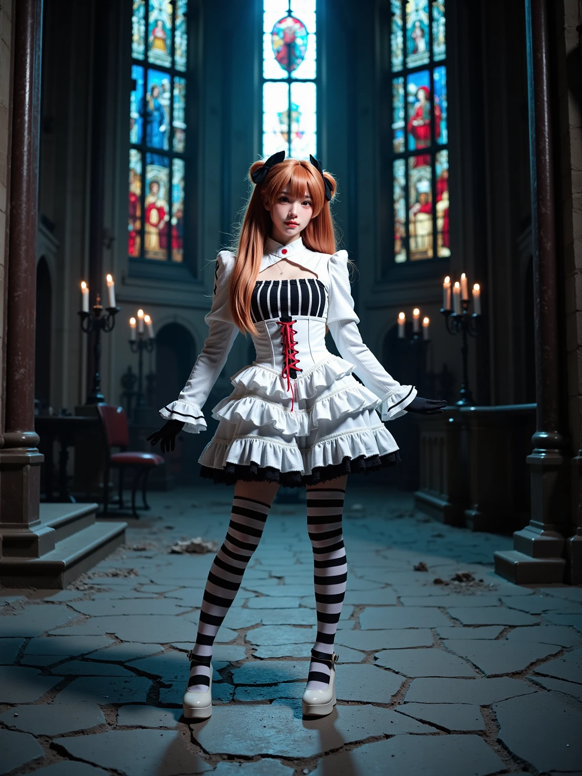 A realistic photo of a beautiful woman in cyb-asuka cosplay costume, include white dress with cross-laced corset. she is also wearing black gloves and striped thighhighs and white high heels. She has long orange hair with hair ornament. The background is a dimly lit, abandoned cathedral with towering stained-glass windows casting eerie, multicolored shadows on the cracked stone floor. The air is thick with dust and the faint smell of decay. Cobwebs hang from the vaulted ceiling, and flickering candles placed sporadically throughout the space provide the only light, creating a haunting interplay of light and shadow. The atmosphere is one of solemnity and ancient mystery, perfect for a gothic character to stand out against the backdrop of religious iconography and crumbling architecture.