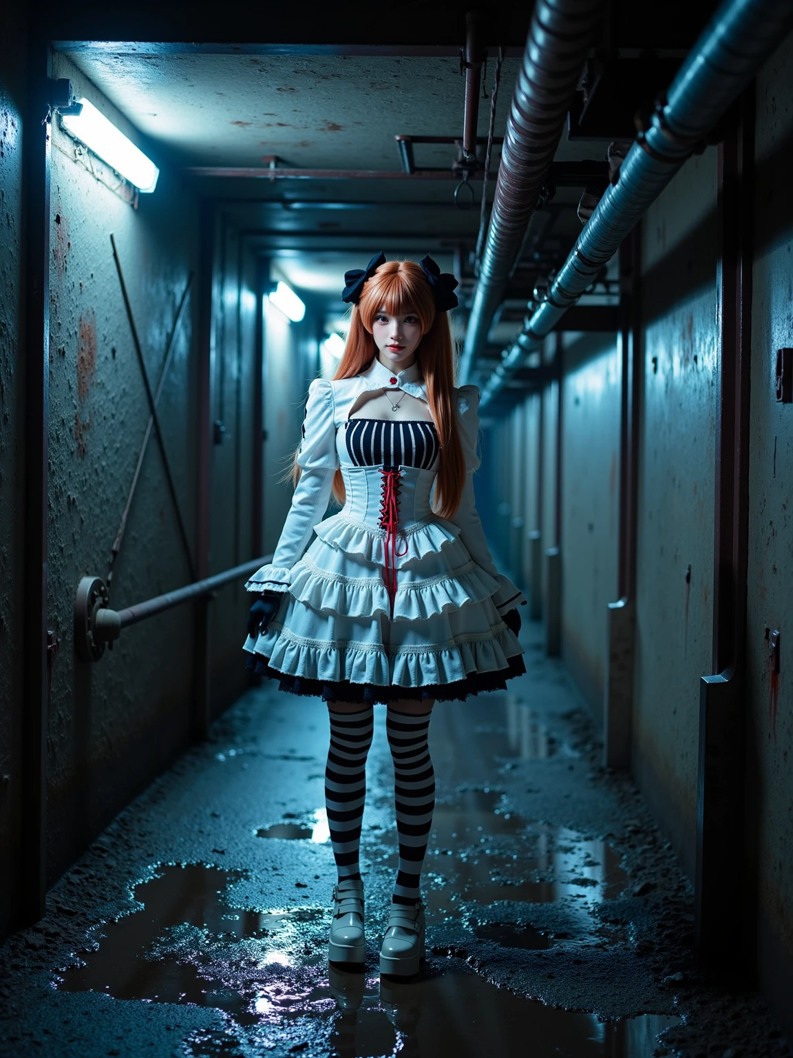 A realistic photo of a beautiful woman in cyb-asuka cosplay costume, include white dress with cross-laced corset. she is also wearing black gloves and striped thighhighs and white high heels. She has long orange hair with hair ornament. The background is a dark, industrial underground tunnel with exposed pipes and machinery. The walls are damp and stained with oil, and the only illumination comes from occasional flickering fluorescent lights and the occasional glow of bioluminescent algae growing in cracks. The air hums with the low drone of distant machinery, and puddles on the ground reflect the limited light, adding to the eerie atmosphere. This setting combines elements of decay and technology, providing a unique backdrop for a gothic character with a futuristic edge.