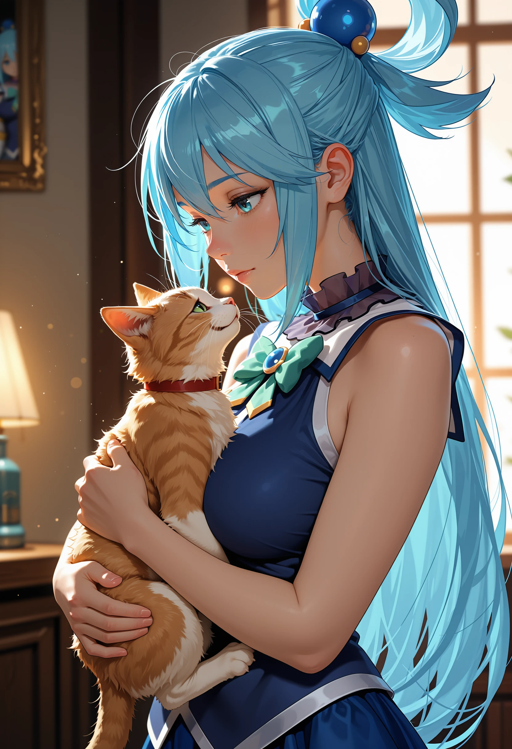 masterpiece, best quality, aesthetic, absurdres, masterpiece, (high quality), (high resolution), (incredibly detailed), natural light, cinematic, volumetric lighting, depth of field,
Aqua \(Konosuba\), holding a cat
