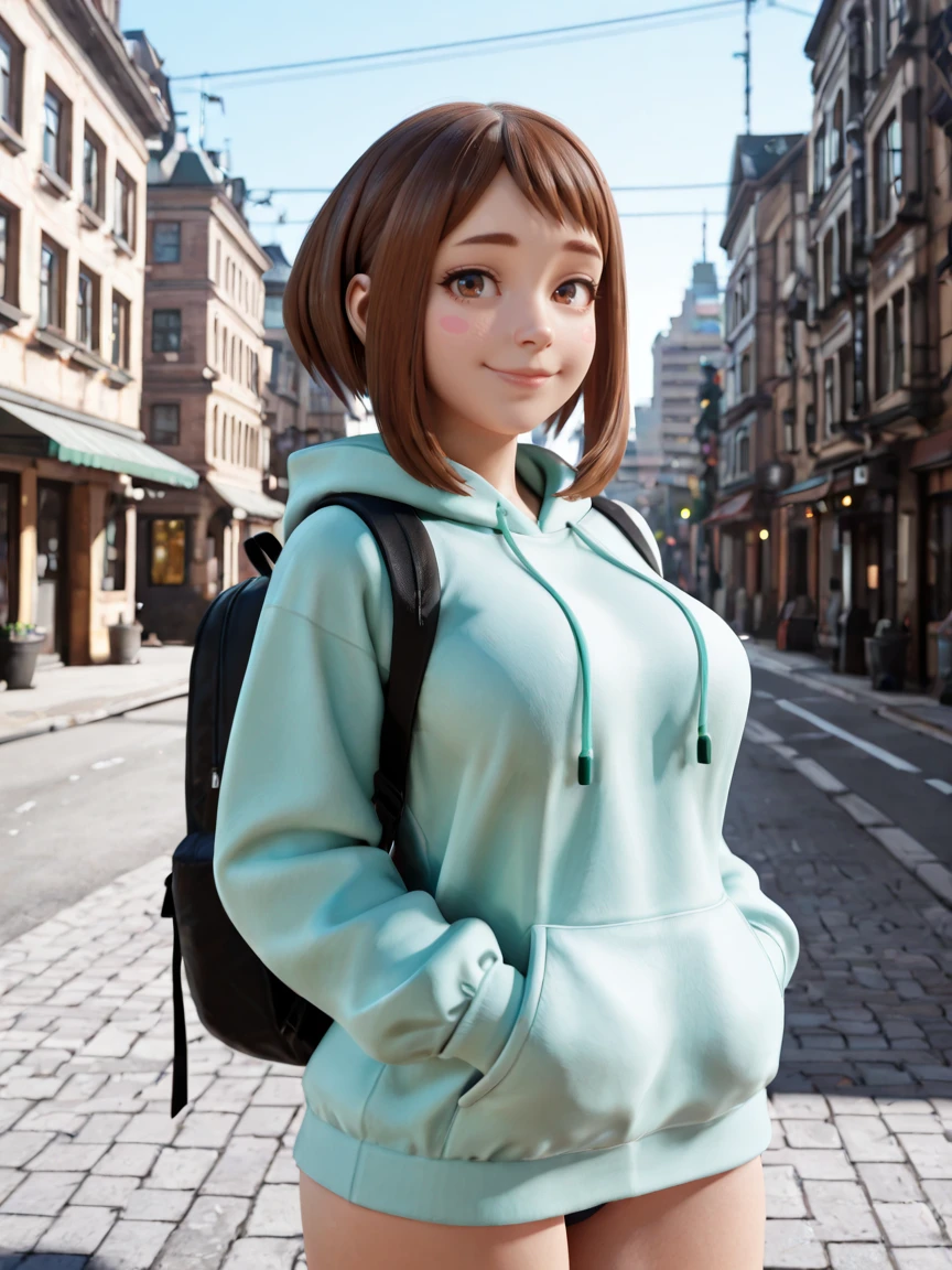 masterpiece, best quality, incredibly absurdres, absurdres, highres, intricate, highly detailed, detailed background, detailed face, detailed eyes,
volumetric lighting, dramatic lighting, dramatic shadows,
uraraka ochako, 1girl, solo, brown hair, brown eyes, hood, smile, blush stickers, outdoors, looking at viewer, short hair, bag, hands in pockets, backpack, sidelocks, jacket, hoodie, hood down, city, day, closed mouth, sky, building, street, breasts, cowboy shot