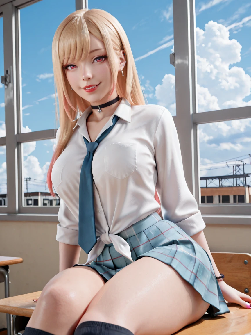masterpiece, best quality, incredibly absurdres, absurdres, highres, intricate, highly detailed, detailed background, detailed face, detailed eyes,
volumetric lighting, dramatic lighting, dramatic shadows,
1girl, kitagawa marin, long hair, shirt, blonde hair, solo, skirt, choker, piercing, white shirt, jewelry, school uniform, necktie, bangs, red eyes, sitting, looking at viewer, black choker, swept bangs, blue skirt, ear piercing, bead bracelet, plaid skirt, tied shirt, window, bracelet, collared shirt, earrings, indoors, plaid, socks, pleated skirt, parted lips, smile, nail polish, breasts, blue sky, artist name, sky, thighs, beads, desk, blue necktie, on desk, industrial piercing, day, long sleeves, colored tips, multicolored hair, cloud, lips, kneehighs, barbell piercing, classroom, teeth, red lips, breast pocket, dress shirt