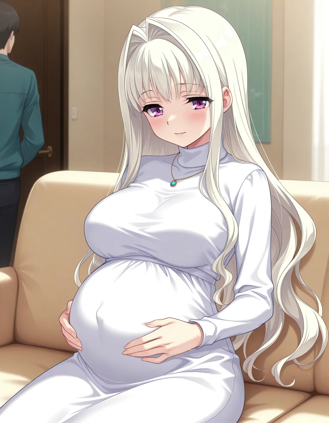 <lora:Charles:0.8> yoshino-charles, large breasts, white hair, hair intakes, very long hair, purple eyes
1girl,  pregnant, turtleneck dress, necklace, 
living room, coach, sitting, hand on belly, light smile, blush, looking at own belly, Smooth Quality, uncensored,
