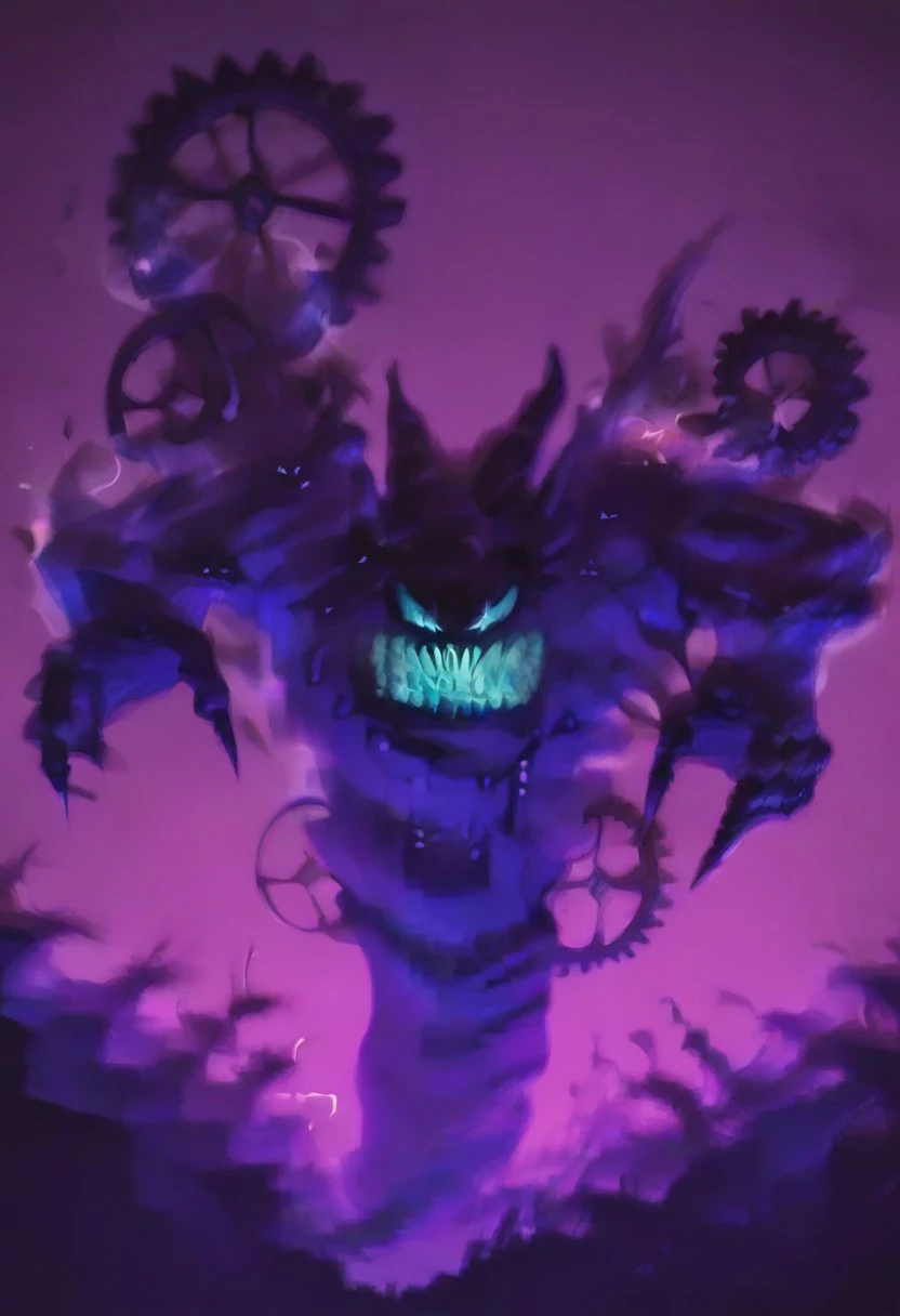 score_9, score_8_up, score_7_up, (best quality), ultra-detailed, high resolution, 8k, Time Eater, monster, purple and black smoke, darkness, glowing blue eyes, fangs, glowing blue mouth, smoke, void, high quality, masterpiece, BREAK outside, Rich, Detailed background, ambient light