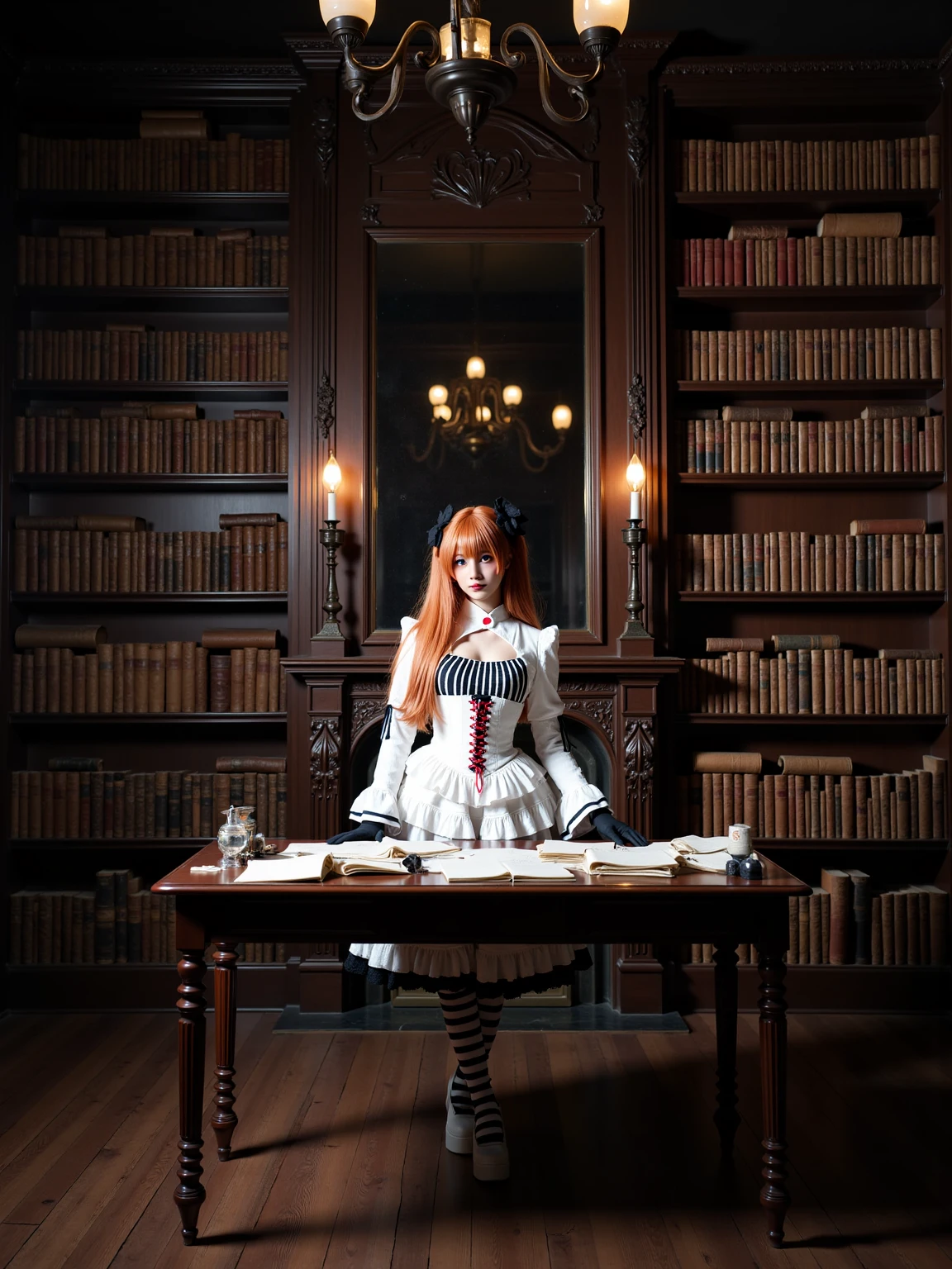 A realistic photo of a beautiful woman in cyb-asuka cosplay costume, include white dress with cross-laced corset. she is also wearing black gloves and striped thighhighs and white high heels. She has long orange hair with hair ornament. The background is a dimly lit, Victorian-era library with floor-to-ceiling bookshelves filled with ancient tomes and dusty manuscripts. The room is illuminated by the soft glow of a fireplace and several oil lamps, casting long shadows across the walls. A grand, old-fashioned desk in the center, covered in papers, quills, and inkwells. The atmosphere is one of intellectual mystery and antiquity, offering a sophisticated backdrop for a gothic character who might be engaged in forbidden research or contemplation.