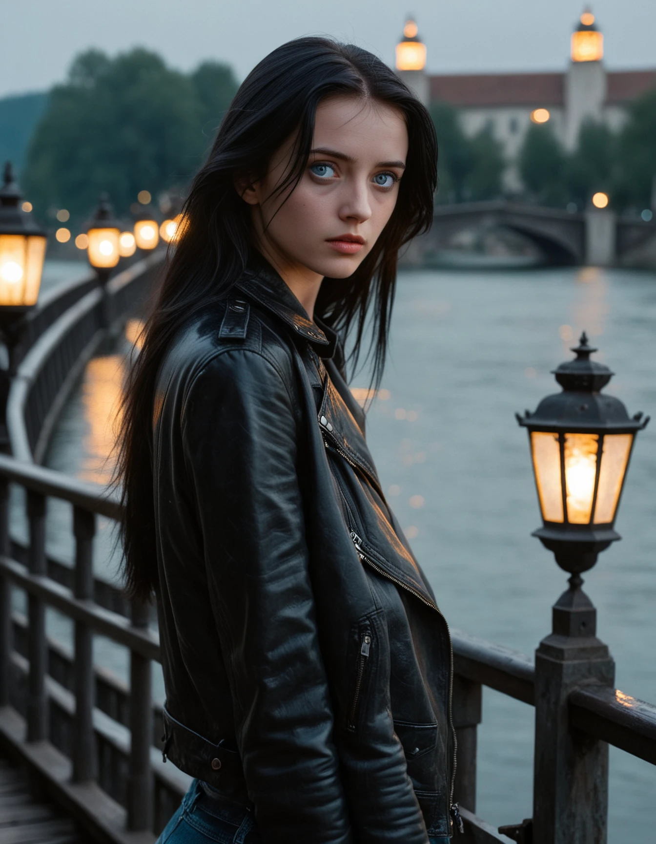 cinematic movie still from a 1990s film, a beautiful shy young woman with detailed light blue eyes in a black leather jacket standing on a bridge with old world lanterns and water in the background and the sky above., 1girl, solo, black hair, leather jacket, leather, jacket, looking at viewer, realistic, long hair, dof, bokeh,