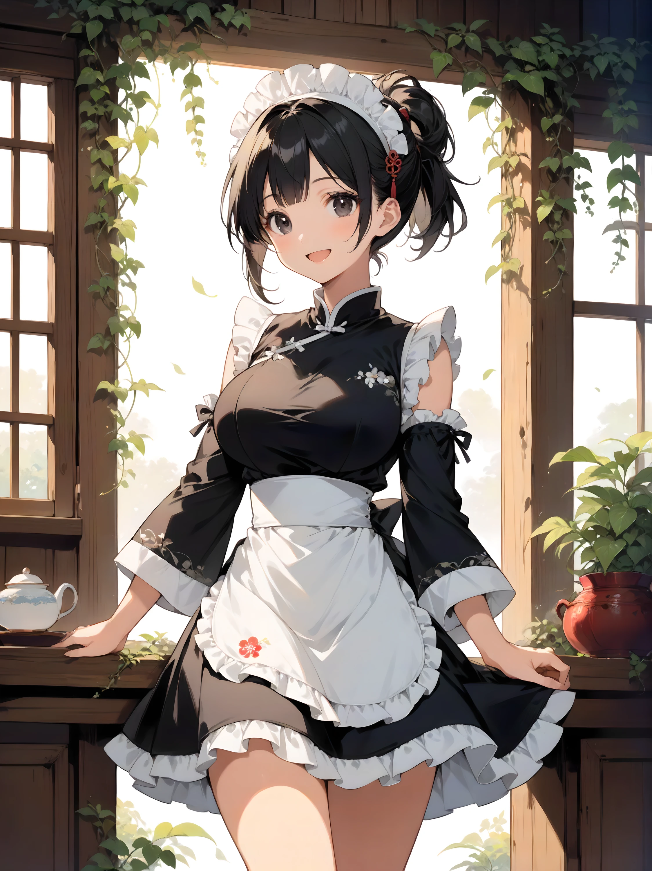 Best quality, Masterpieces, simple background with a minimalist design, lots of negative space, delicate anime-style illustration, white background, solo, girl, cute face and eyes, big breasts, black hair, clear black eyes, single short ponytail hair, cute and lovely, Vigorous, lively, and spontaneous personality, chinese clothes, maid headdress, hair ornament, high-waist skirt, waist apron, frills, chinese knot, wide sleeves, frilled and detached sleeves, content, mysterious composition, small wooden cabin, large windows showing lush greenery, vines creeping along the walls, rustic wooden furniture, warm sunlight filtering through leaves, smile, open mouth, welcome, cowboy shot,