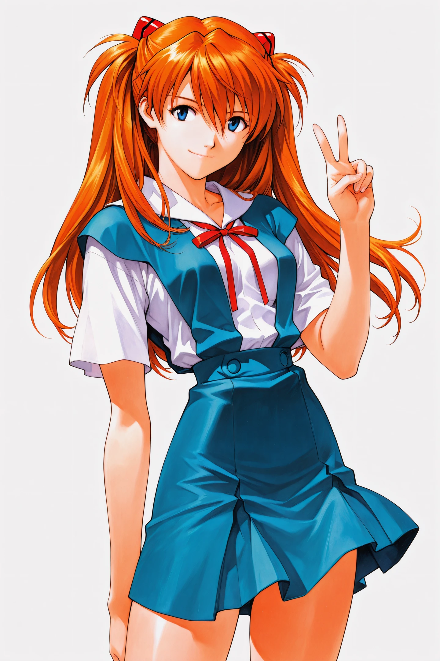 1girl,souryuu asuka langley,solo,long hair,school uniform,blue eyes,smile,white background,ribbon,shirt,simple background,v,orange hair,short sleeves,skirt,red ribbon,neck ribbon,white shirt,bangs,hair between eyes,looking at viewer,tokyo-3 middle school uniform,closed mouth,two side up,hair ornament,suspender skirt,interface headset,suspenders,cowboy shot,blue skirt,traditional media,
<lora:Sadamoto Yoshiyuki_illustriousXL:0.4>,
<lora:Ogure Ito_illustriousXL:1>,