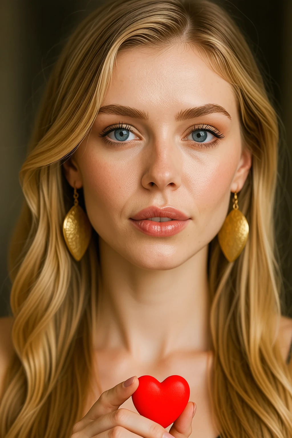 1girl, solo, realistic, blonde hair, long hair, blue eyes, lips, blurry, earrings, jewelry, blurry background, nose, heart face, <lora:dmd2_sdxl_4step_lora_fp16:1.0>, <lora:subtle-chatgptstyle-xl25:0.75>