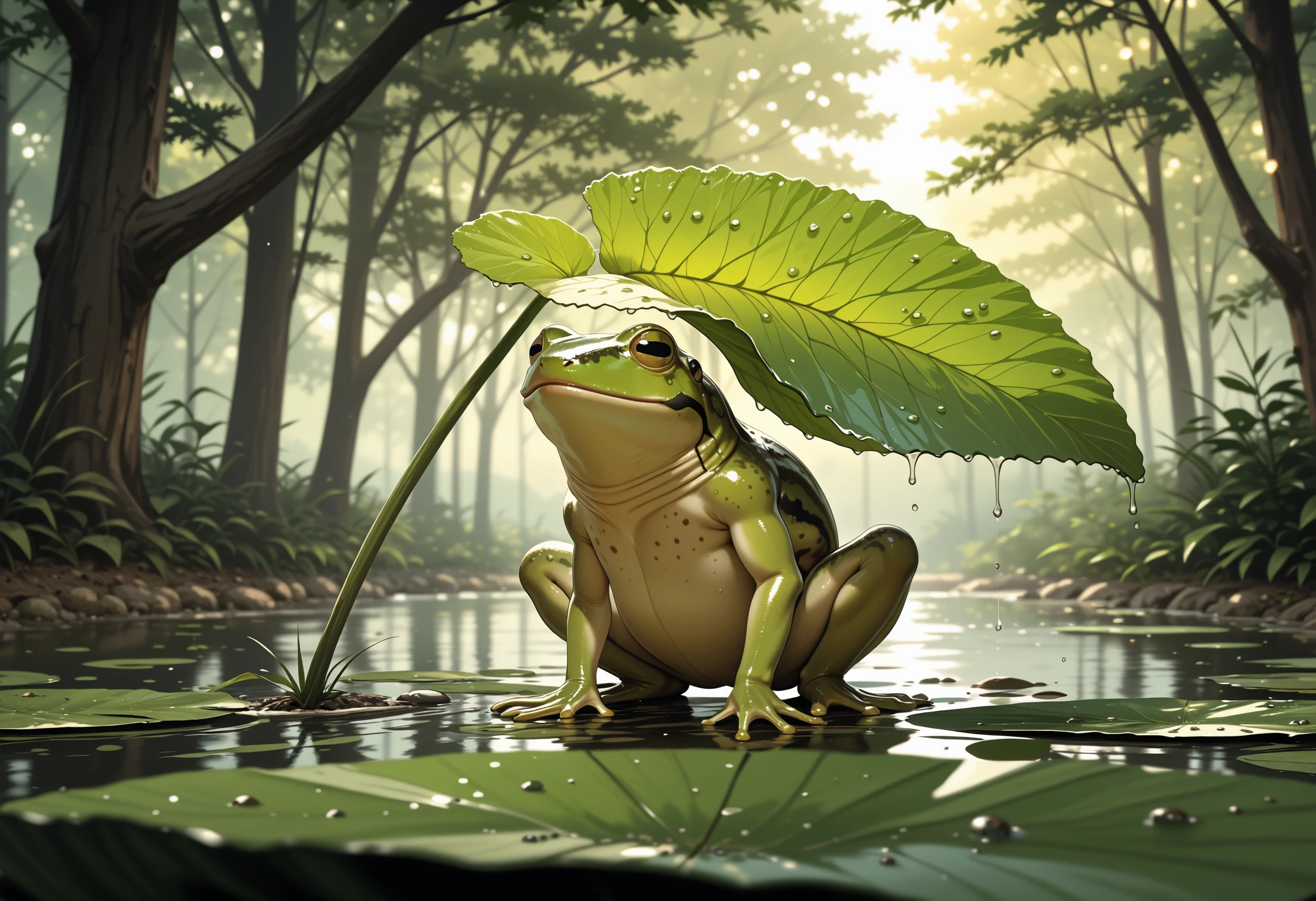 masterpiece, best quality, aesthetic, absurdres, masterpiece, (high quality), (high resolution), (incredibly detailed), natural light, cinematic, volumetric lighting, depth of field,
Scenery after rain in June, A close-up shot of a tree frog on a leaf, pond.