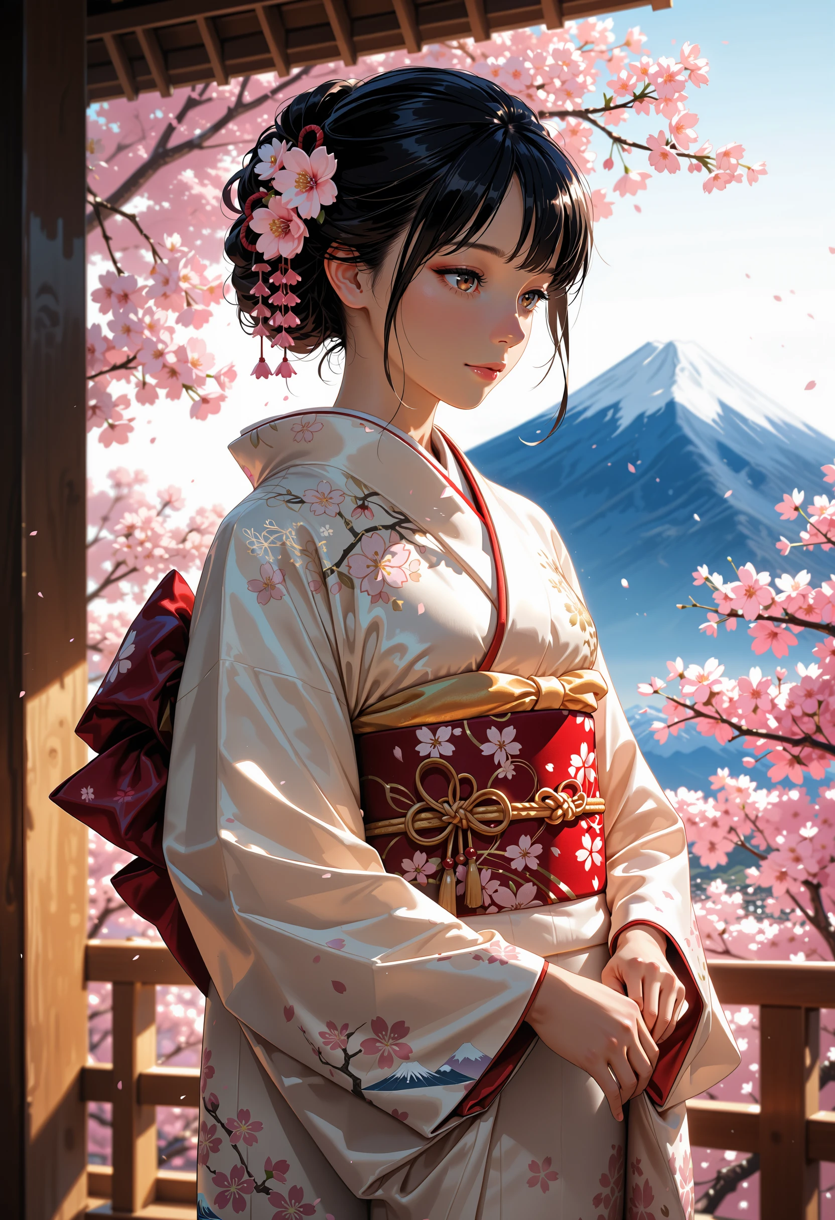 masterpiece, best quality, aesthetic, absurdres, masterpiece, (high quality), (high resolution), (incredibly detailed), natural light, cinematic, volumetric lighting, depth of field,
1girl, blooming cherry blossoms, traditional kimono with intricate embroidery, gentle breeze, mt fuji