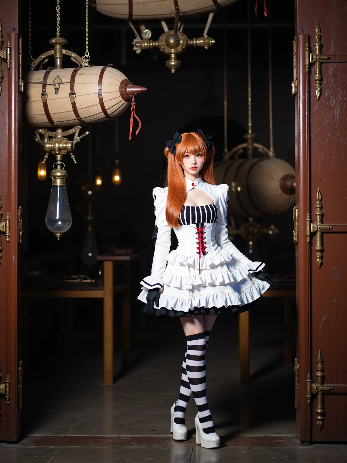 A realistic photo of a beautiful woman in cyb-asuka cosplay costume, include white dress with cross-laced corset. she is also wearing black gloves and striped thighhighs and white high heels. She has long orange hair with hair ornament. The background is a dimly lit, steampunk-inspired airship hangar with large metal doors and various mechanical contraptions. The space is filled with the sounds of gears turning and steam hissing. Hanging from the ceiling are airships with brass fittings and leather straps, their designs a blend of Victorian aesthetics and early aviation technology. The lighting comes from gas lamps and glowing tubes, casting a warm yet uneven light over the scene. This setting combines elements of adventure and industrial gothic, offering a unique environment for a character with a steampunk-inspired gothic outfit.