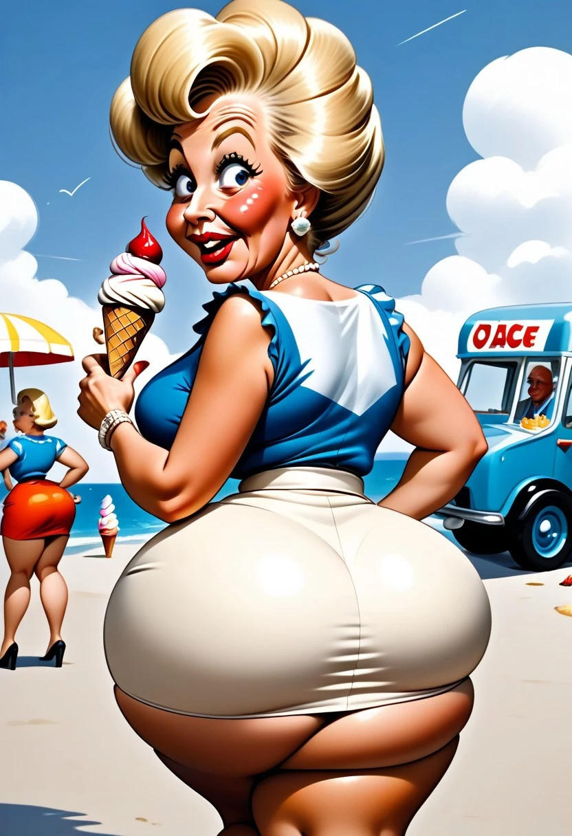 Voluptuous, attractive 60 years old woman, blonde hair, tight skirt,
booty-view, glancing over shoulder
Seaside, 1960s, ice cream van
<lora:Seaside_Toon_Lady:0.8>