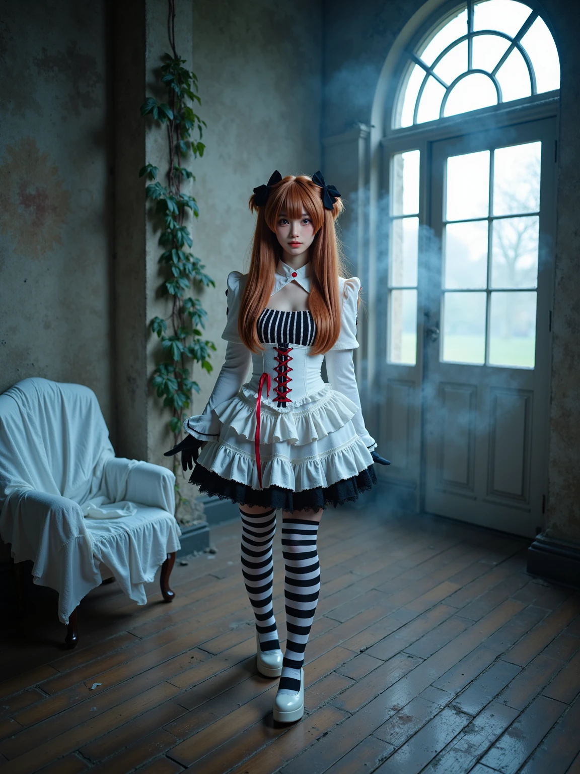 A realistic photo of a beautiful woman in cyb-asuka cosplay costume, include white dress with cross-laced corset. she is also wearing black gloves and striped thighhighs and white high heels. She has long orange hair with hair ornament. The background is an old, decrepit mansion on a hill shrouded in thick fog. The once-grand estate features broken windows, overgrown ivy climbing up the walls, and a large, imposing front door slightly ajar. Inside, the rooms are filled with antique furniture draped in white sheets, giving the appearance of ghosts. Dust motes float in the minimal light that filters through the grimy windows, and the sound of creaking floorboards can be heard in the silence. This scene evokes a sense of forgotten elegance and impending dread, ideal for a gothic character to explore or pose within.