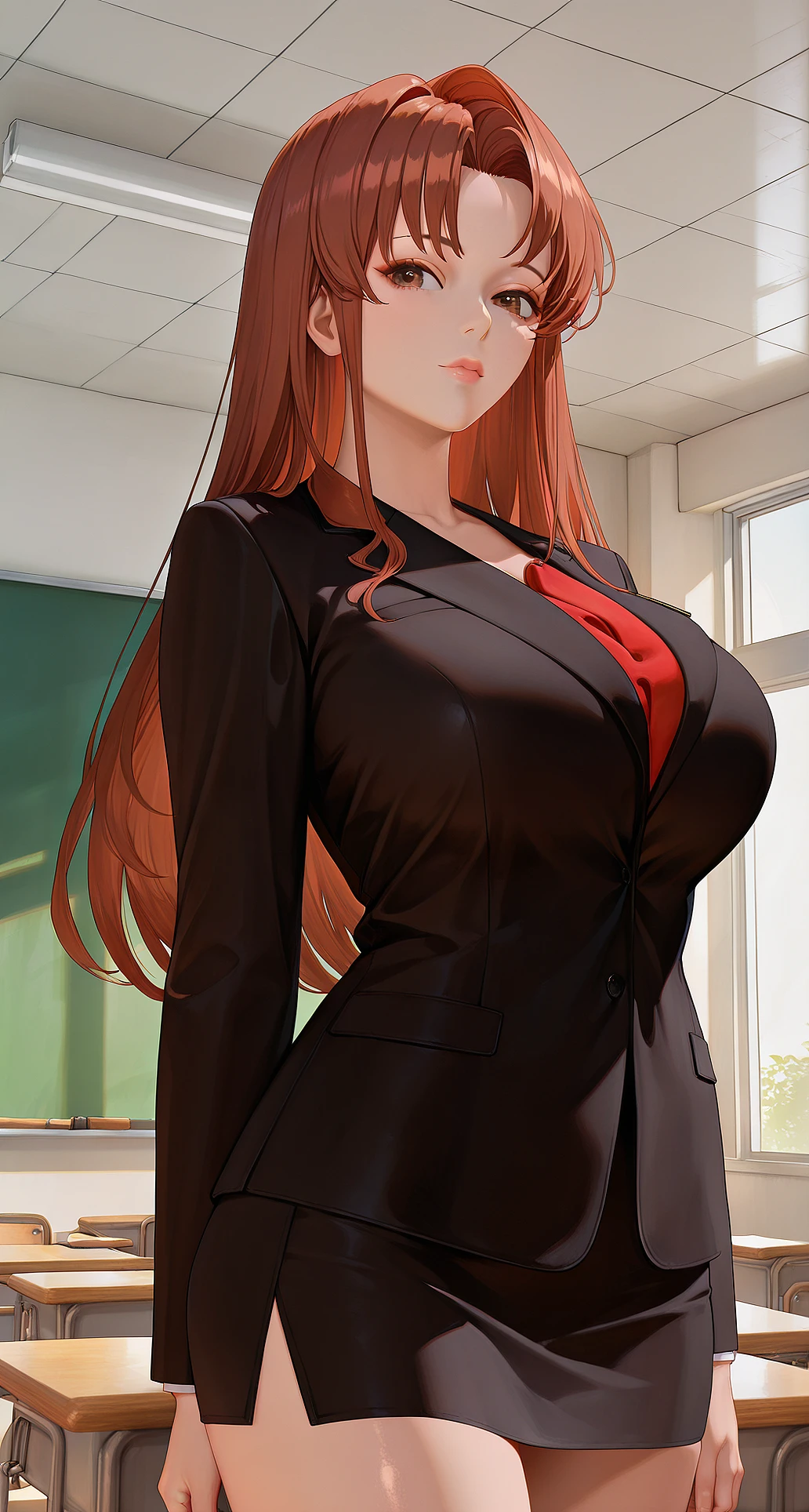 kaho_mizuki, brown hair, long hair, bangs, brown eyes, big breast,
suit, black suit, micro skirt,
indoors, classroom,
looking at viewer, velvet skin, perfect body, perfect anatomy, detailed body,
masterpiece, best quality, absurdres, highres, newest, realistic, general,