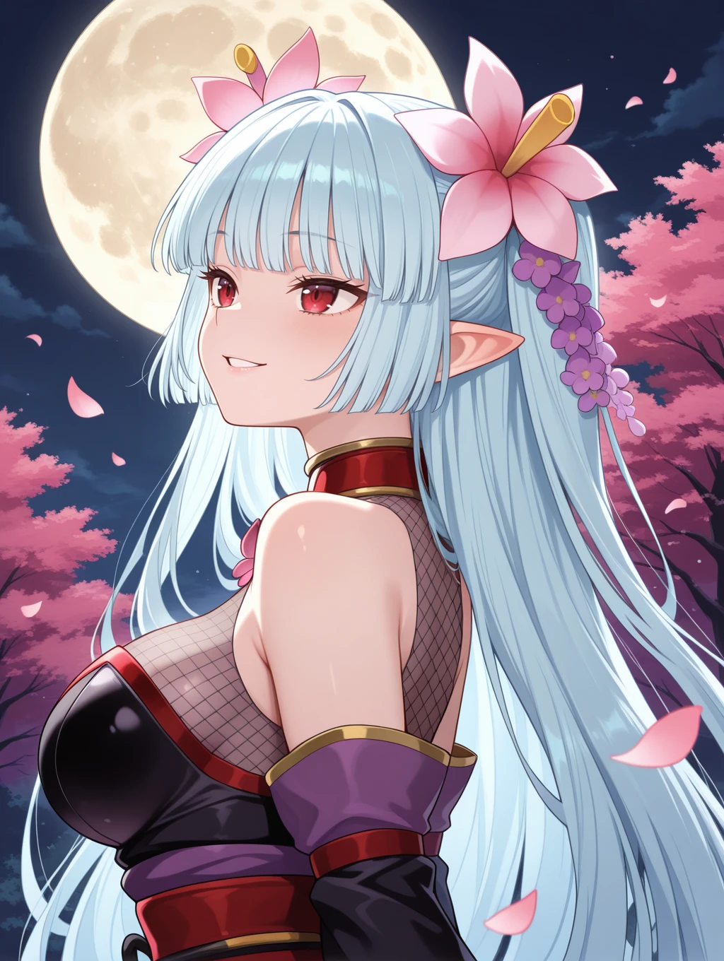 ninja,meika etraynze the shadow flower venus,1girl,solo,upper body,from side,smile,parted lips,petals,fishnet bodysuit,pink hair flower,black detached sleeves,black kimono,red sash,cropped torso,tree,outdoors,full moon,night sky,
masterpiece,best quality,amazing quality,very aesthetic,absurdres,newest,<lora:Meika Etraynze the Shadow Flower Venus illuXL v1:0.76>,