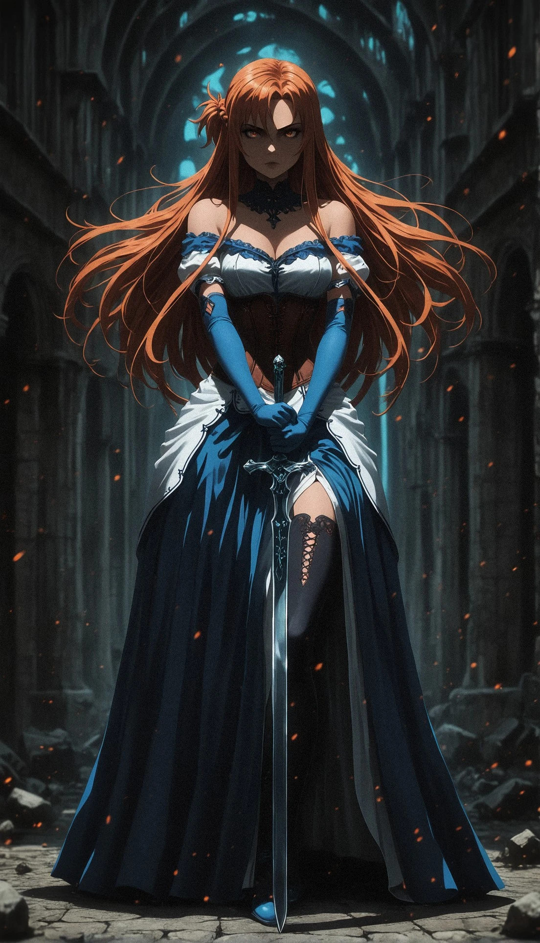 masterpiece, best quality, amazing quality, very aesthetic, high resolution, ultra-detailed, absurdres, newest, scenery,
looking at viewer, fighting scene, dynamic pose, sword in front,
TTCSV1.0 Courtesan-outfit-V1.0, dress, Clevage, corset, off shoulder, elbow gloves,
1girl,asuna yuuki, sword art online, long hair, blade, full body,
,dramatic shadow, detailed eyes, detailed hair, depth of field, vignetting, volumetric lighting