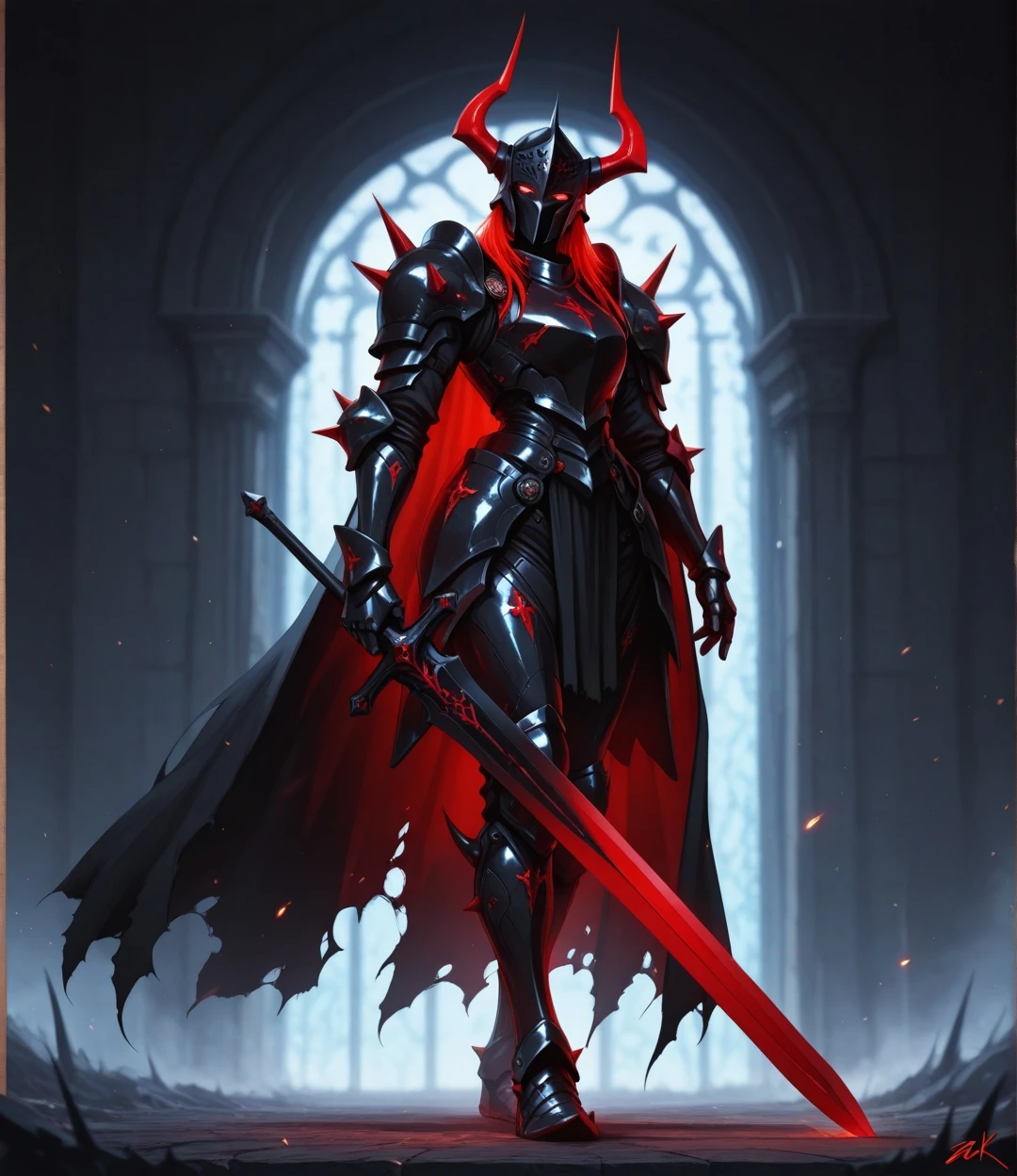 (masterpiece, best quality:1.2), amazing quality, very aesthetic, 32k, incredibly_absurdres, extremely_beautiful, (sharp detailed:1.2), (sharp focus), detailed anatomy, correct anatomy, perfect anatomy, extremely detailed eyes, official art, extremely detailed hair, ambient occlusion, highres,
solo, looking at viewer, 1boy, red eyes, holding, standing, full body, weapon, horns, signature, sword, holding weapon, cape, black armor, torn clothes, glowing, holding sword, helmet, shoulder armor, gauntlets, glowing eyes, spikes, pauldrons, breastplate, black cape, fake horns, fantasy, greaves, knight, full armor, shoulder spikes, torn cape, horned helmet, torn, black chrome,
detailed, (nakamura_regura:0.45), (ningen mame:0.45), (laserflip:0.45), (shpo:0.40), (shimhaq:0.5), (k-suwabe:0.6), <lora:aboba_prime_3:1.0> <lora:dkdraven_v8:0.45>