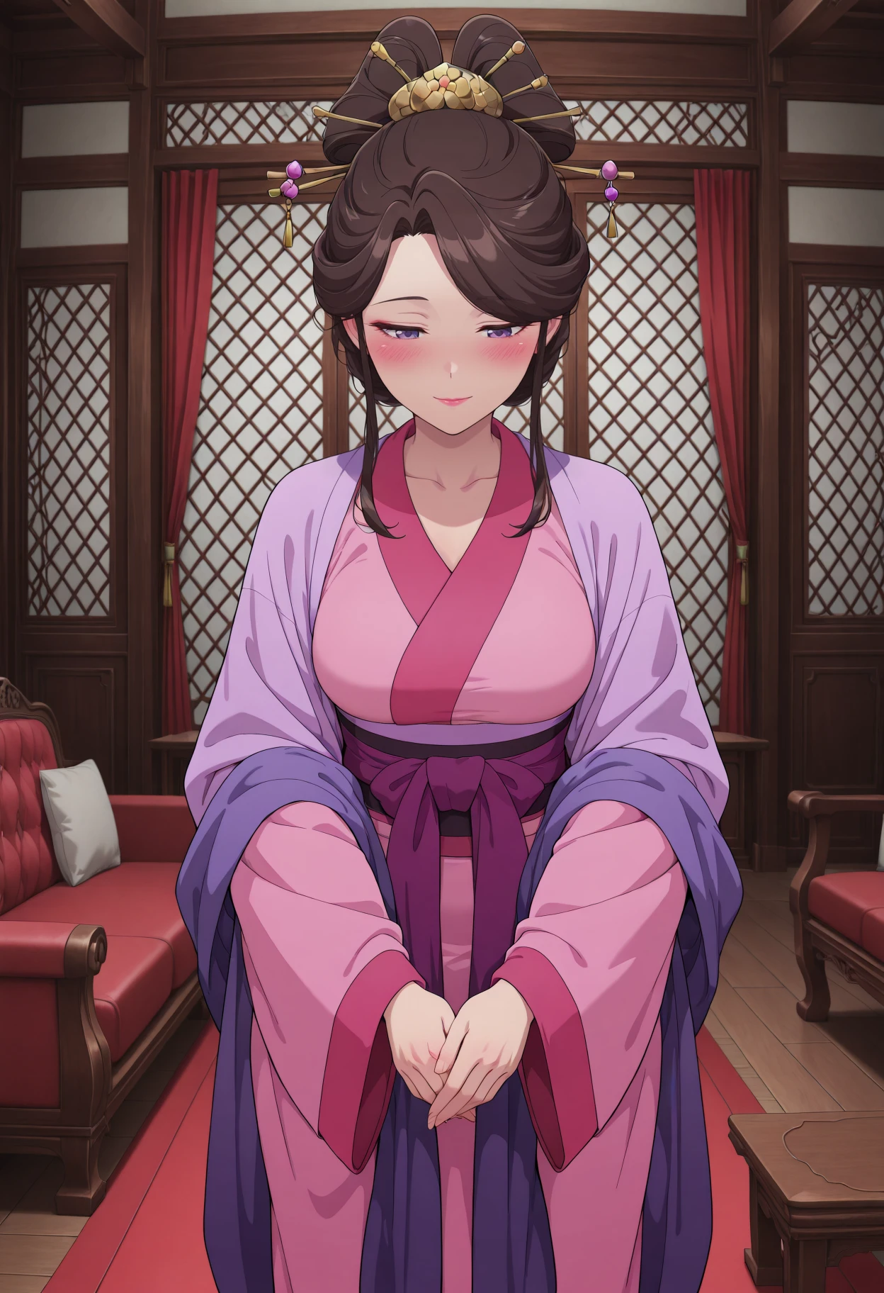 masterpiece, best quality, amazing quality, 1girl,
<lora:Anshis_sister_The_Apothecary_Diaries_IL_V1:1>, KJOasis, brown hair, purple eyes, half updo, double hair bun, hair ornament, swept bangs, lipstick, hair sticks,
Pink kimono, purple shawl, wide sleeves,
own hands together, light smile, blush, standing, bowing, hand up,
east asian architecture, indoors, couch, curtains,
medium Breasts, mature female,