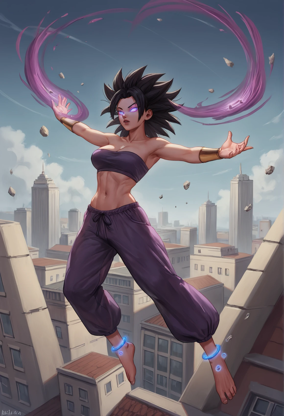 score_8_up,score_7_up,score_6_up, solo, adult, 1girl, caulifla from dragon ball, curvy, black hair, long hair, styled hair, lipstick, large breasts, pink strapless top, navel, purple pats, baggy pants, pose, wind, dust, yellow aura, magic, particles, glowing eyes, spread arms, spread hands, w arms, feet, anklets, city, sky scrappers, exterior, 3ll3c1el3ud, <lora:ELLECIEL.euD_STyle:0.81>
