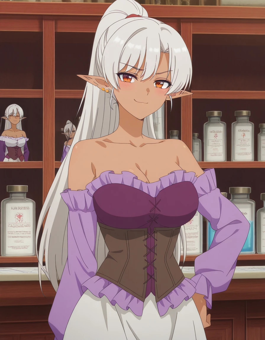 masterpiece, best quality, amazing quality,, <lora:silk-amberwood-s1-illustriousxl-lora-nochekaiser:1>, silk amberwood, long hair, ponytail, white hair, grey hair, pointy ears, dark skin, dark-skinned female, elf, dark elf, mature female, breasts, anime screencap,, dress, jewelry, earrings, corset, purple dress, purple sleeves, frills, collarbone, cleavage, bare shoulders, skirt, white skirt, smug, hand on own hip,, pharmacy, medicine, shelves, counter, health, cowboy shot, solo, looking at viewer, solo focus
