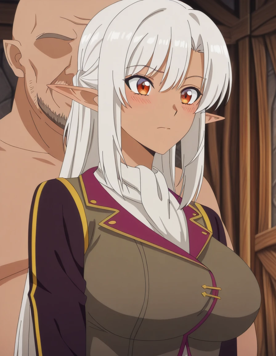 masterpiece, best quality, amazing quality,, <lora:silk-amberwood-s1-illustriousxl-lora-nochekaiser:1>, silk amberwood, long hair, white hair, pointy ears, dark skin, dark-skinned female, elf, dark elf, mature female, breasts, anime screencap,, <lora:faceless-ugly-man-illustriousxl-lora-nochekaiser:1>, faceless ugly man, faceless, ugly man, fat, faceless male, fat, bald, mature male,,