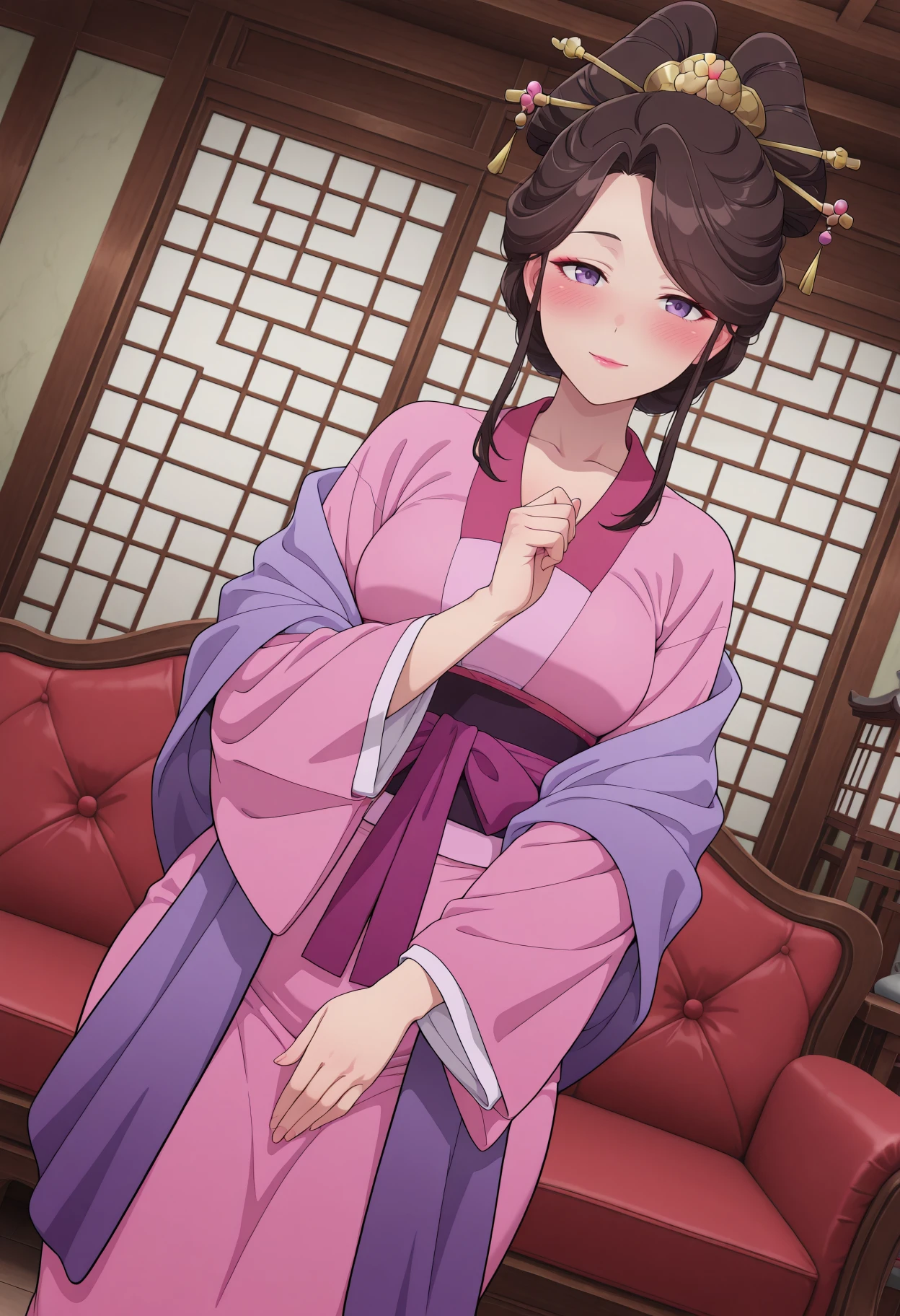 masterpiece, best quality, amazing quality, 1girl,
<lora:Anshis_sister_The_Apothecary_Diaries_IL_V1:1>, KJOasis, brown hair, purple eyes, half updo, double hair bun, hair ornament, swept bangs, lipstick, hair stick,
Pink kimono, purple shawl, wide sleeves,
own hands together, light smile, blush, standing, bowing, hand up, looking at viewer,
east asian architecture, indoors, couch, curtains, dutch angle,
medium Breasts, mature female,