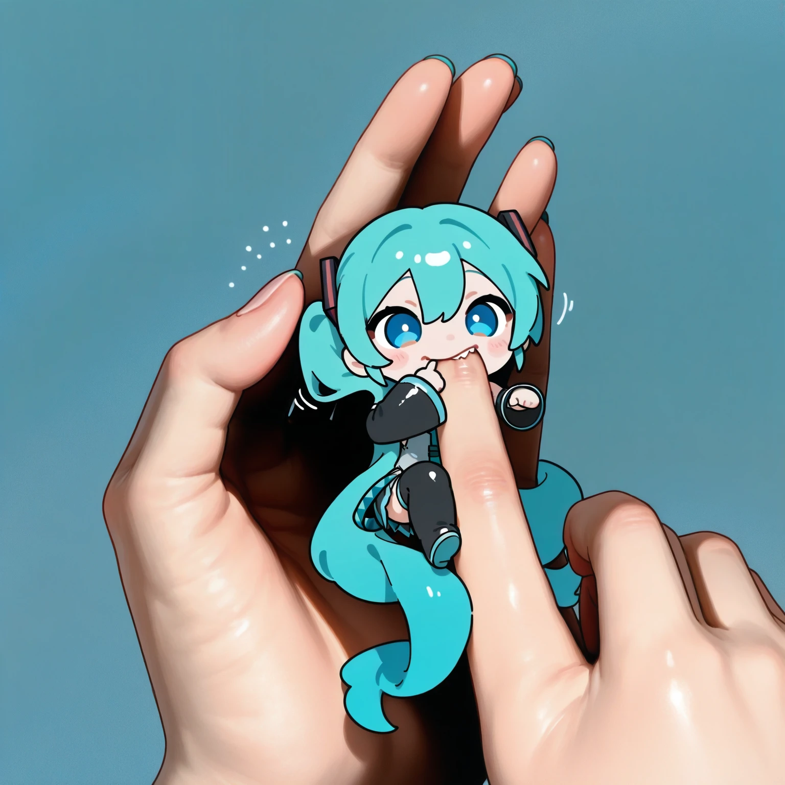 (2024, very aesthetic, newest, best quality, masterpiece), hatsune miku, 1girl, human, chibi, blue eyes, blue hair, hatsune miku costume, cute pose, holding small creature, biting finger, solo