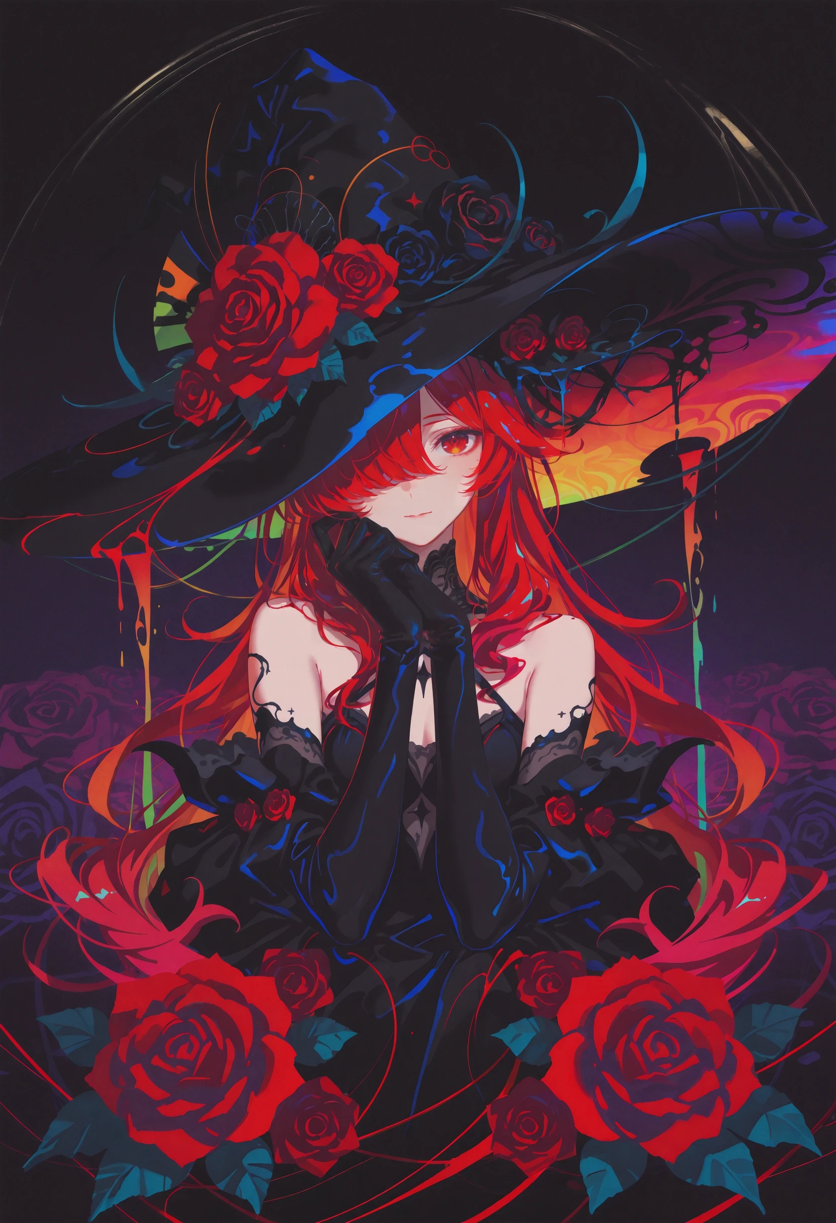 (masterpiece, gradient, recent, good_quality, high_quality, newest, very aesthetic, vibrant_background, abstract_background, colorful, surreal, anime_coloring:1, vectortrace:1, flat_colors:1)
(BV-Illu, 1girl, hat, solo, long hair, gloves, witch hat, flower, elbow gloves, red hair, hat flower, black gloves, dress, looking at viewer, black headwear, closed mouth, red flower, hair over one eye, black dress, rose, witch, bare shoulders, red eyes, bangs, upper body)