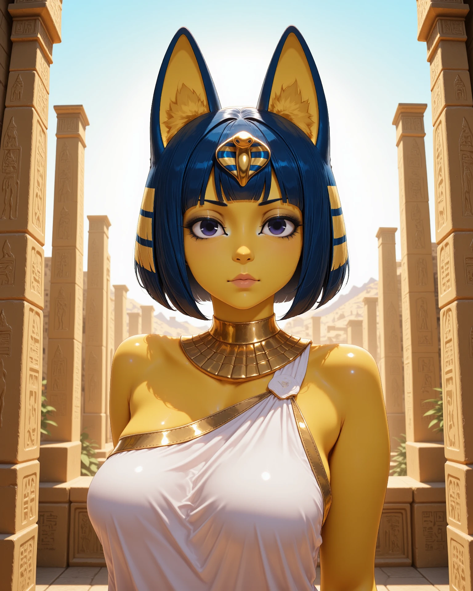 masterpiece, best quality, ultra-detailed, illustration, epic lighting, cinematic composition, 1girl, catgirl, ankha (animal crossing), yellow skin, cat tail, cat ears, short blue hair, bangs, white dress, sitting, (from below:1.1), cowboy shot, expressionless, (looking at viewer:1.1), outdoors, desert, sand, oasis, palm trees, river, pyramid, (8k:1.1)