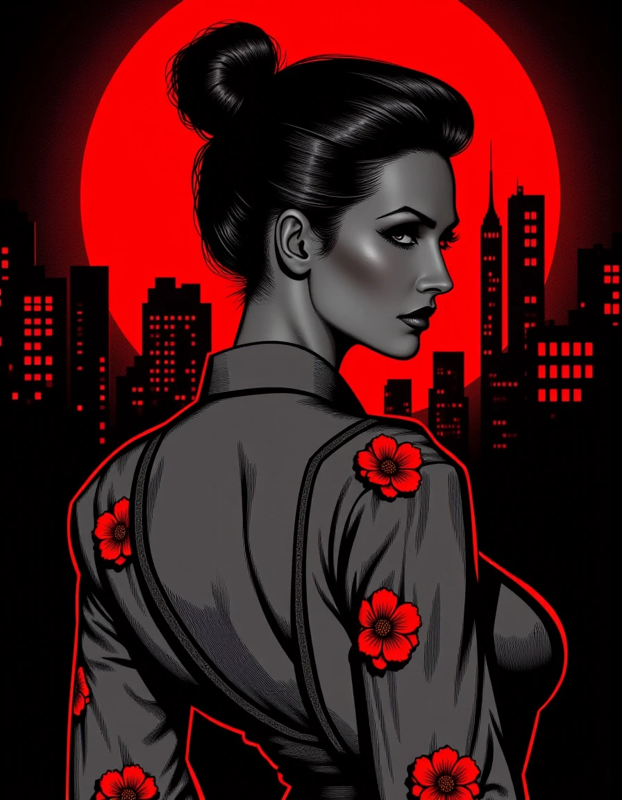 <lora:Denise_Milani_fit_2:1>, noir comic style with grey with red accents hues, portrait of a woman wearing a blouse decorated with embossed red sacura flowers, hair bun, at night with red moon in background, black cityline, <lora:lnrnr_flux_EliPot:1>