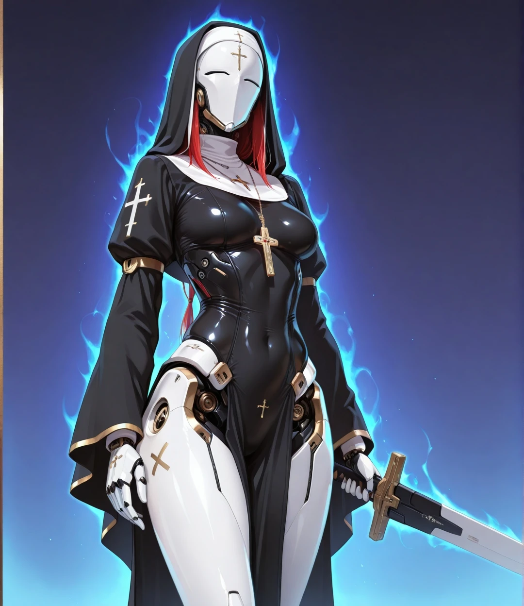(masterpiece, best quality:1.2), amazing quality, very aesthetic, 32k, incredibly_absurdres, extremely_beautiful, (sharp detailed:1.2), (sharp focus), detailed anatomy, correct anatomy, perfect anatomy, extremely detailed eyes, official art, extremely detailed hair, ambient occlusion, highres,
1girl, solo, breasts, holding, jewelry, medium breasts, standing, weapon, sword, holding weapon, necklace, mask, bodysuit, holding sword, cross, robot, veil, pelvic curtain, science fiction, nun, habit, cross necklace, cyborg, humanoid robot,
detailed, (nakamura_regura:0.45), (ningen mame:0.45), (laserflip:0.45), (shpo:0.40), (shimhaq:0.5), (k-suwabe:0.6), <lora:aboba_prime_3:1.0> <lora:dkdraven_v8:0.45>