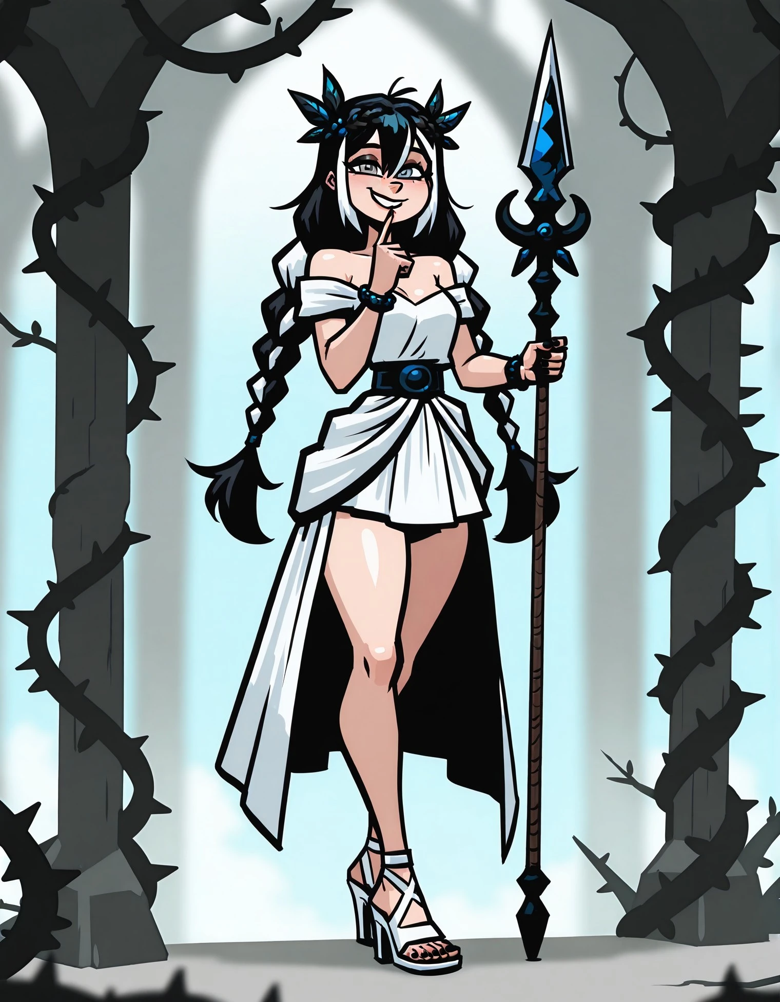masterpiece, best quality, very aesthetic, absurdres, newest, highest quality, thorns, 1girl, multicolored hair, black hair, braid, twintails, grey eyes, white hair, breasts, hair between eyes, small breasts, streaked hair, twin braids, long hair, two-tone hair, grin, bare shoulders, parted lips, thighs, blue eyes, high heels, dress, white dress, bracelet, hair ornament, skirt, toeless footwear, fingernails, sandals, looking at viewer, branch, spear, polearm, toenails, solo, holding, full body, smile, white footwear, jewelry, white skirt, spikes, closed mouth, black nails, weapon, toenail polish, finger to mouth, nail polish, P8nk_sty, <lora:f5c24881-7423-45d3-a32d-3ac3fb1f106c:0.9>