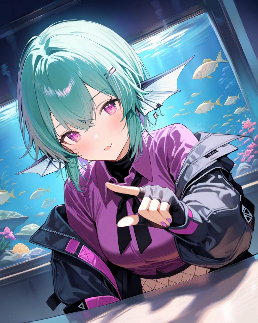 1girl, FinanaRyuguNijisanji,
safe, solo, perspective, dutch angle, upper body,
dating, pointing, short hair, purple_eyes,
black jacket,
purple shirt, long sleeves,
fingerless gloves,
black undershirt, black neckerchief, croptop, fishnets,
aquarium,
<lora:kp_FinanaRyuguNijisanjiAnimagineXL_v1_1:1.0>,
masterpiece, high score, great score, absurdres