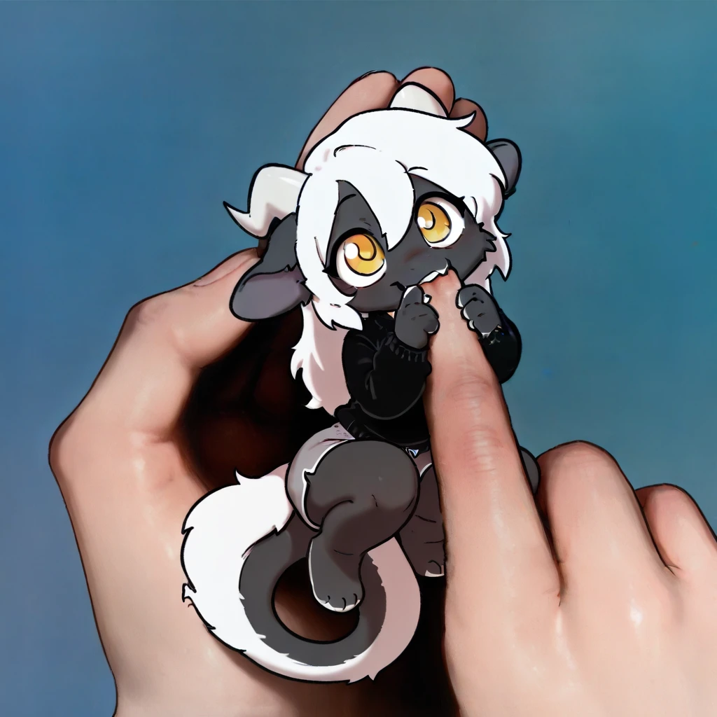 (2024, very aesthetic, newest, best quality, masterpiece), mikus-concept, cute pose, holding small creature, biting finger, solo, simple background, furry, furry male, male, man, dragon, white hair, white horns, yellow eyes, black fur, black sweater, gray shorts