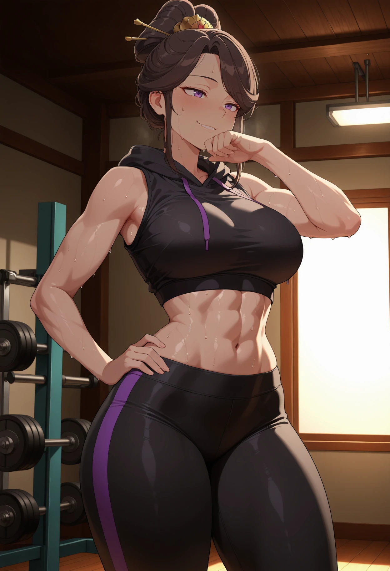 masterpiece, best quality, amazing quality, 1girl,
<lora:Anshis_sister_The_Apothecary_Diaries_IL_V1:1>, KJOasis, brown hair, purple eyes, half updo, hair bun, swept bangs, hair ornament,
dim lighting, dark, indoors, gym, black hoodie, hood down, black yoga pants, hand wiping mouth, hand on own hip, smirk, narrow waist, toned, midriff, thick thighs, cowboy shot, sweat, sweaty, sweatdrop, very sweaty, sleeveless, looking ahead,
(Beautiful, mediumnBreasts:1.2), mature female,