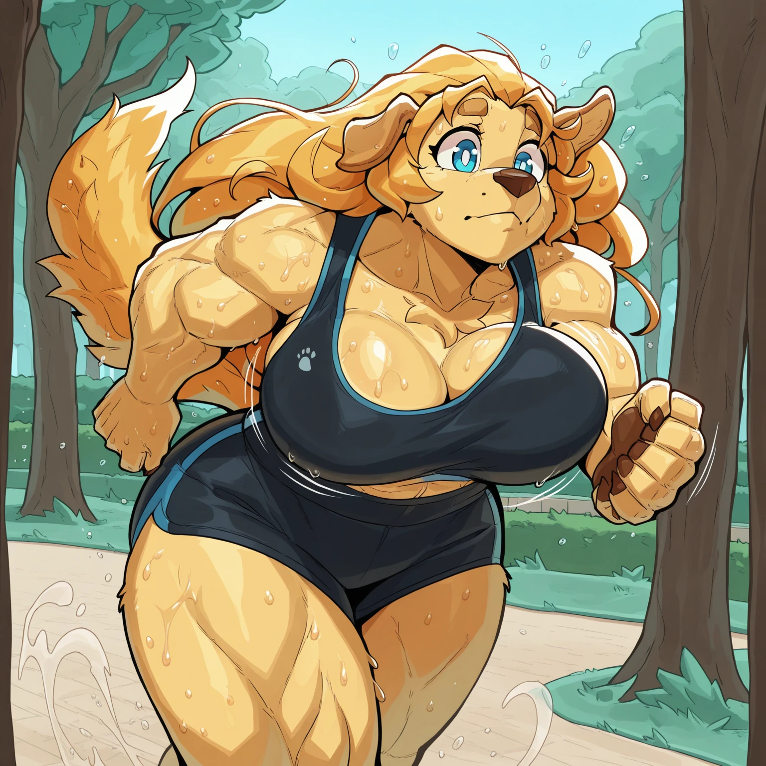masterpiece, best quality, amazing quality, CeehazChara,1girl,solo,furry, furry female,jeane, golden retriever,tall female, muscular,sport bra, sport shorts,running, park, bouncing breasts,sweaty,cowboy shot,closed mouth<lora:Ceehaz_test:1>